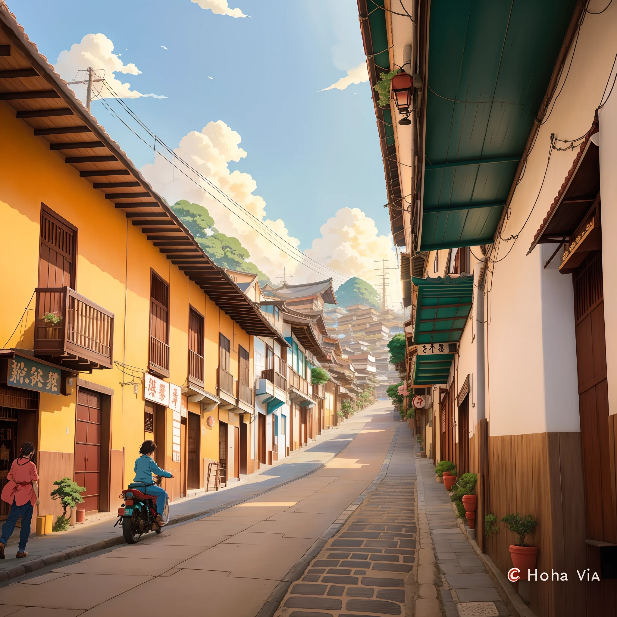 hermoso cielo soleado estilo anime japones, studio ghibli, cielo asombroso con nubes radiantes, cielo de film animada