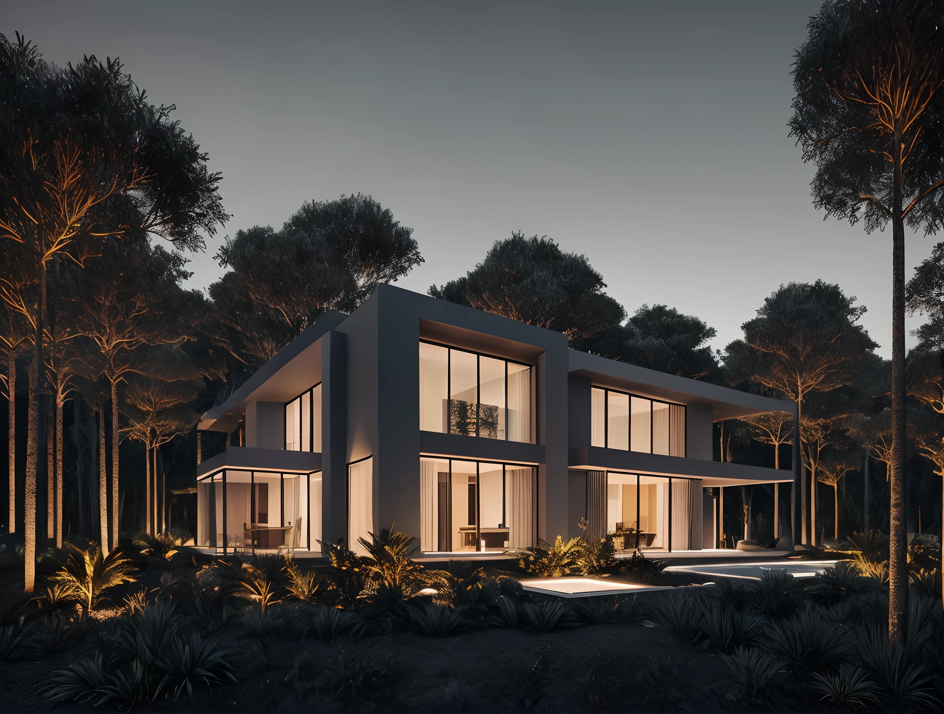 natureza, Epic building in the center, quente, glow at night, cru, hdr, (casa glsass na floresta, reflexos, raytracing: 1.3), cinemactic, Slate Grey, dramatic light, arquitetura minamalista, Aires Mateus, arrozal em frente, pine trees behind