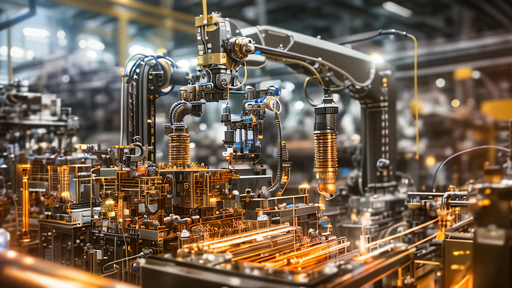 a closeup of a machine that is working on a circuit, production line, industrial robot, robot machinery, robot machinery, industrial robots, Interior of a huge robot factory, robotic parts, Advanced technology, manufacturing, robotic arm, High Accuracy, electronic components, robotic, Brass and steam technology, detailed mechanical parts, intricate machine in space, foto ainda, robot machinery