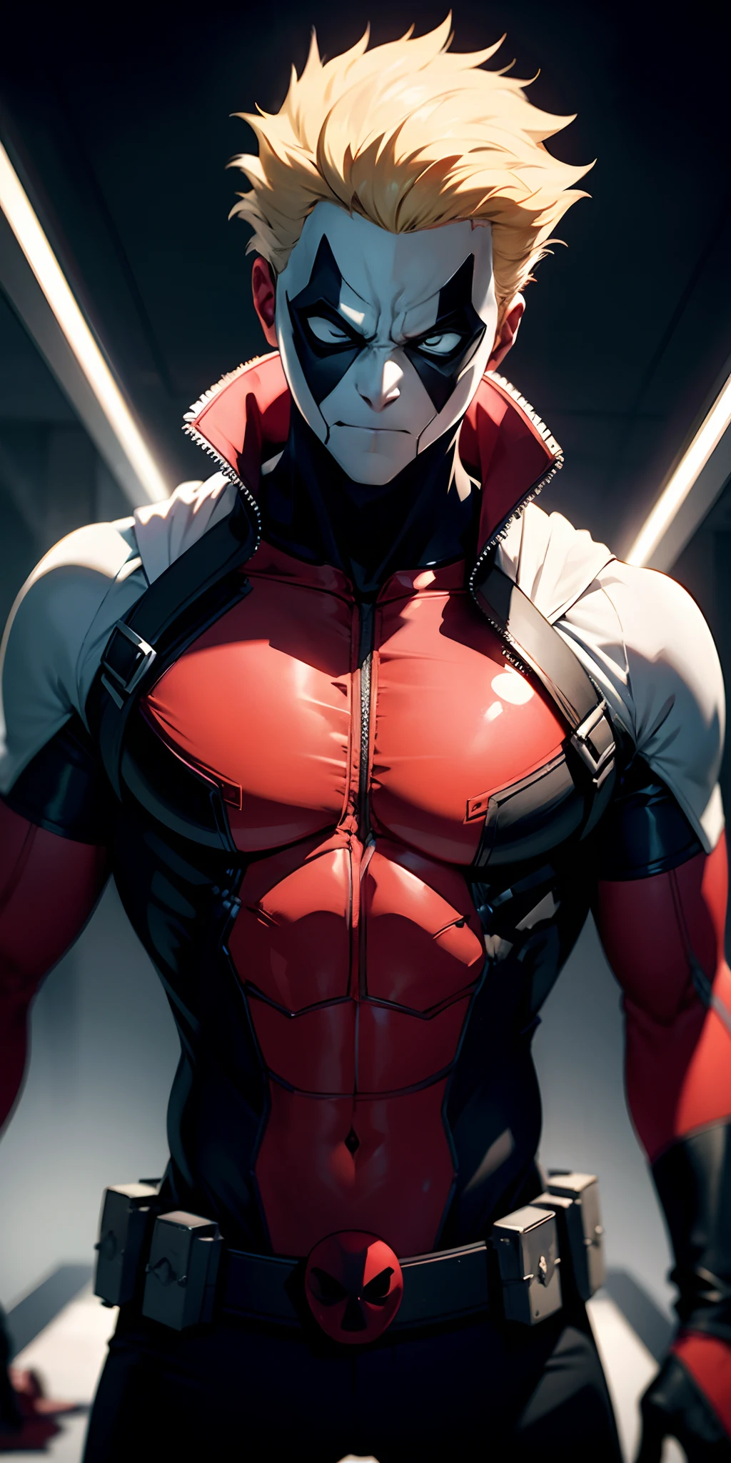 Ichigo Kurosaki Fusion (bleach) + Deadpool (maravilha) , corpo masculino e forte, com biotipo ectomorfo forte e definido