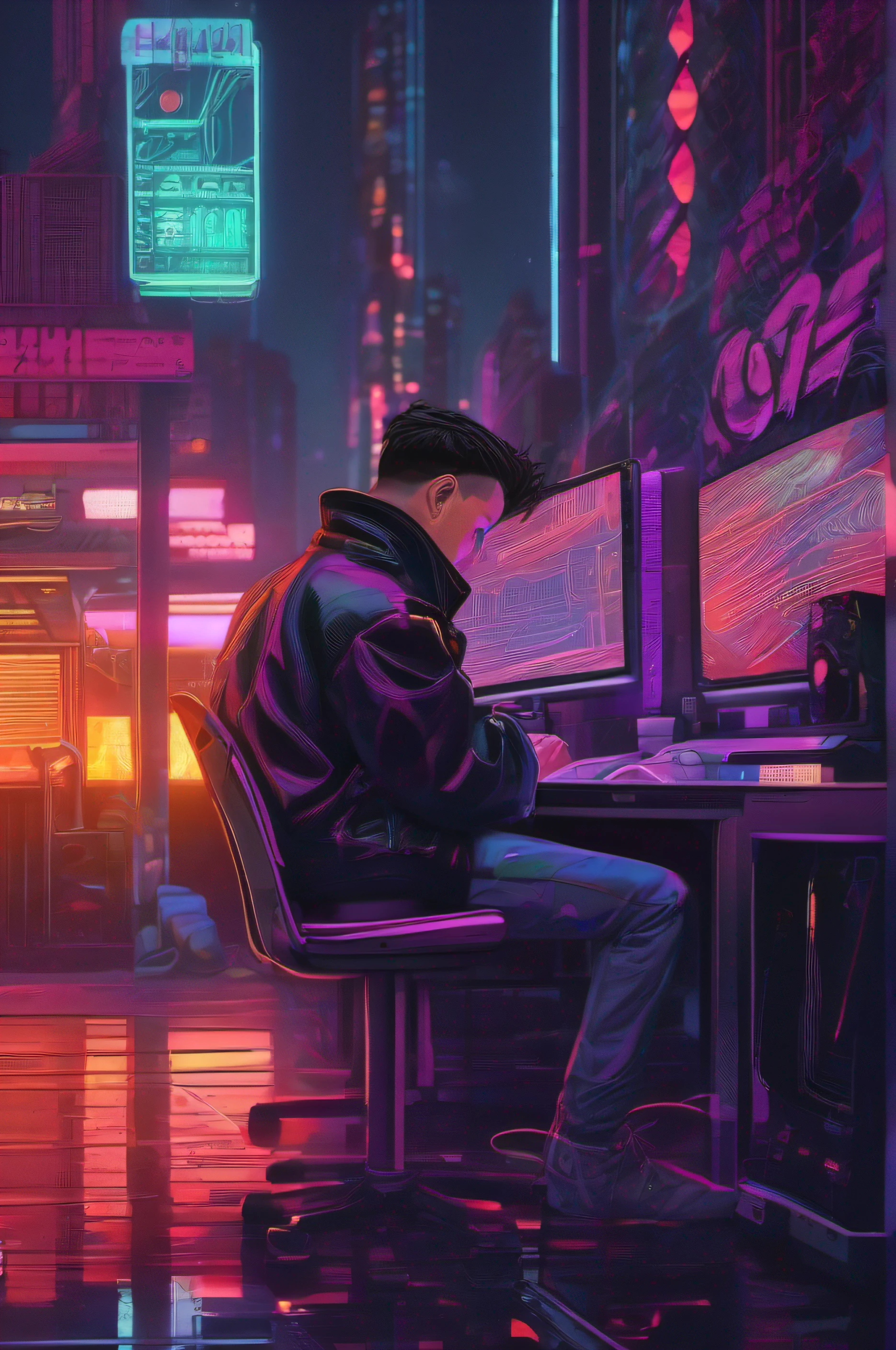 There's a sad young man sitting in front of a computer using his cell phone in a room with neon signs (((ultra detalhado))) (((alta resolução))) (((obra prima))) HD, imagem detalhada, tall resolution, estilo de arte cyberpunk, detailed cyberpunk illustration, cyberpunk illustration, noite, cidade urbana, chuva, luzes de neon, estilo de arte cyberpunk, cyberpunk vibes, cores cyberpunk coloridas sonhadoras, cores neon, cores vibrantes, cores vivas, rosto detalhado, roupa detalhada, cyberpunk dreamscape, Beco Cyberpunk, cyberpunk themed art, vibe cyberpunk, aesthetic cyberpunk, Arte Cyberpunk, no estilo cyberpunk, lo-fi illustration style, inspirado em Liam Wong