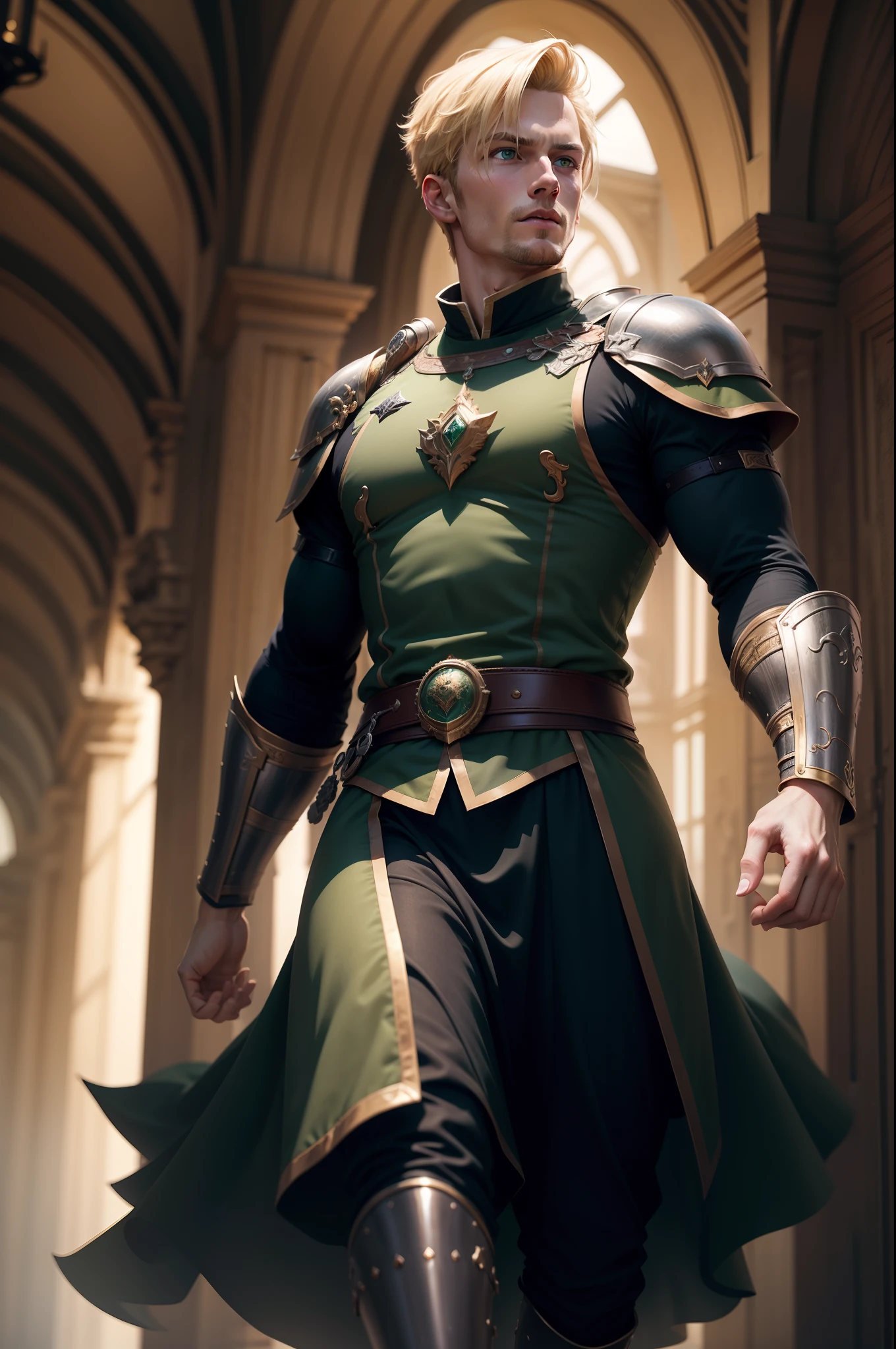 ultra realistic 8k image of a blond man with short hair, 30 years old, strong, handsome, extremely detailed green eyes, dressed in black RPG warrior costume with dark green shoulder pads, looking up, running in a large hall of a royal palace