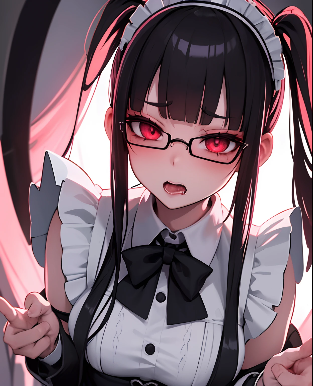 1girl in, [Twin-tailed], Shaded face, Maids, Crazy, skirt rift, pantiy, [self lift]、eye glasses、put on glasses、eye glass、Blunt bangs、Red brilliant eyes、Sexy、Nasty face、maid, over-kneehighs,Ahegao , Silly,Sexual ecstasy,Drunken eyes,Blunt bangs, Black hair,(masutepiece:1.2, Best Quality), (finely detailed beautiful eye: 1.2), (Detailed background,Dark Fantasy), (beautifull detailed face), High contrast, (Best Illumination, extremely delicate and beautiful), ((Cinematic Light)), Colorful, Hyper Detail, Dramatic light, Intricate details,