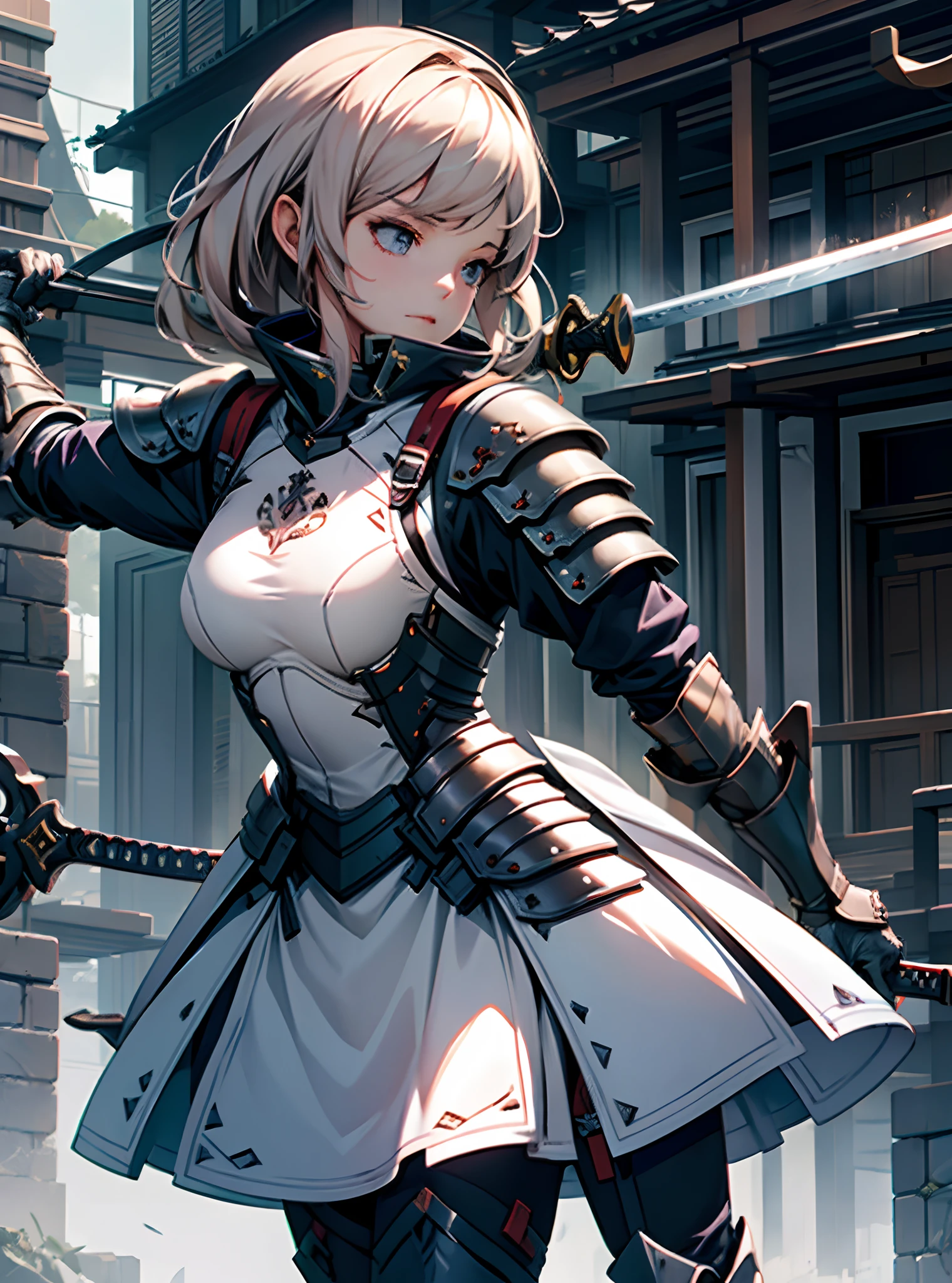 masterpiece, best quality, photorealistic ,1girl, armor, attacking with sword,