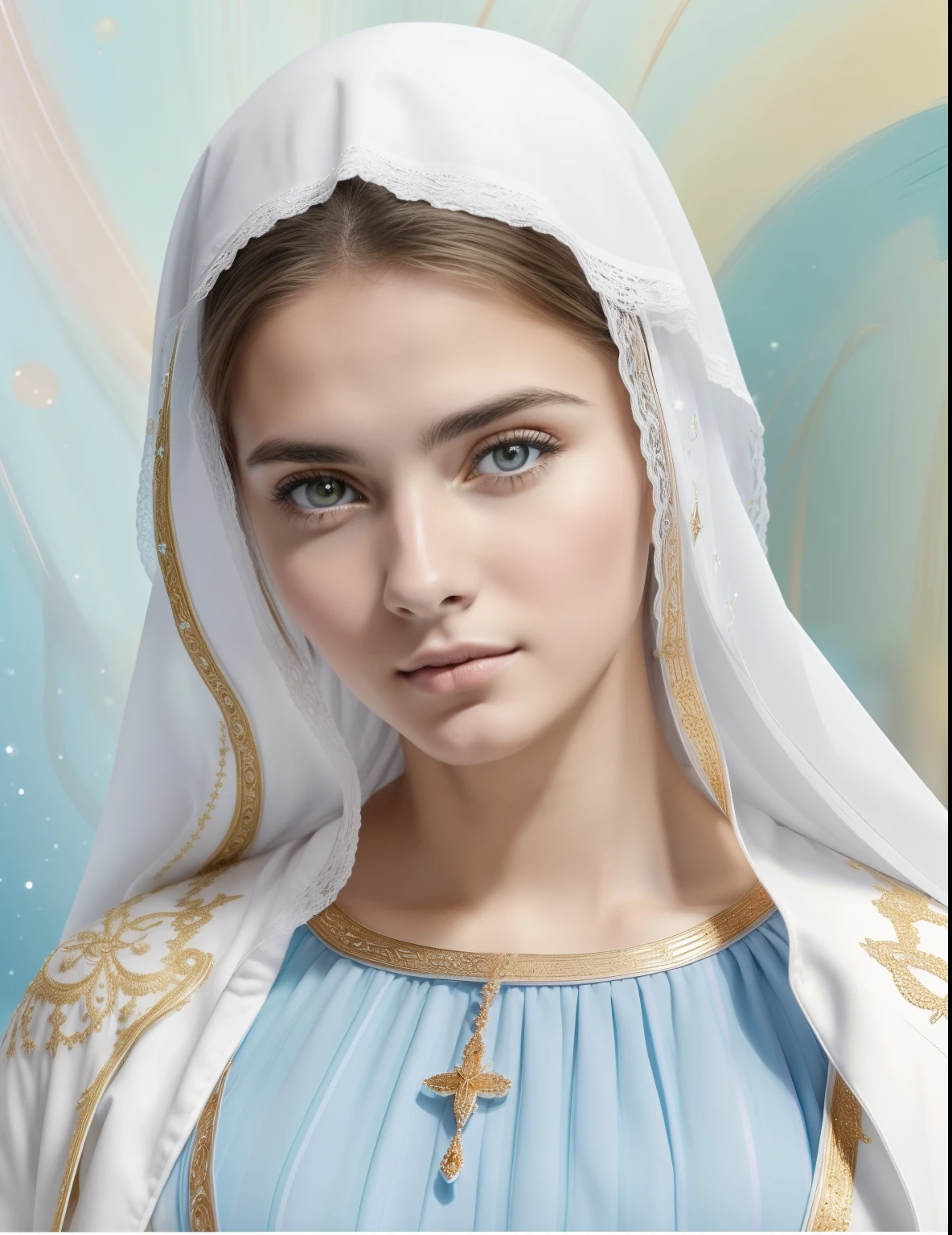 ((Blessed Virgin Mary. 19 years old))) ((( Con una cara seria y piadosa. Con una mirada dulce y tierna))) (obra maestra, calidad superior, mejor calidad, arte oficial, beautiful and aesthetic: 1.2), (1girl), extremadamente detallado, (Arte fractal: 1.3), colorido, highest detailed, Cara perfecta, parte superior del cuerpo, HDR, (orando: 1.3), (golden lines of white coat: 1.2), galaxia, (rayas de luz), eye-catching visuals, (dynamic stripes, senderos luminosos: 1.2), colores vibrantes,