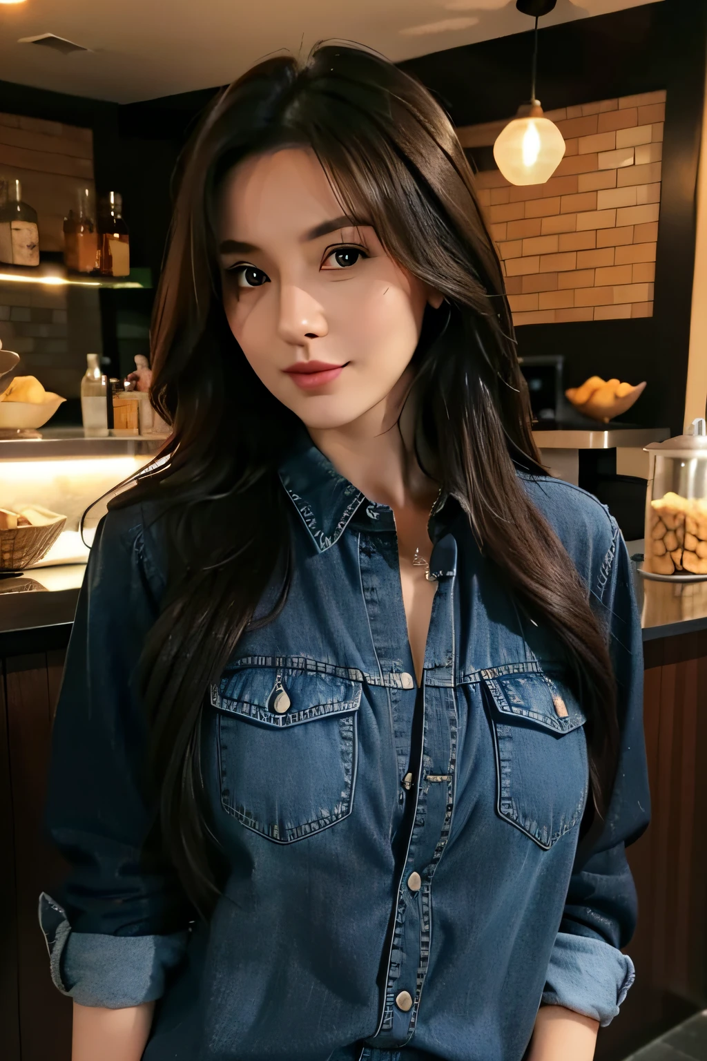 woman, 34 years old, brunette, long hair, seductive eyes, denim and black casual clothing, backdrop of a snack bar