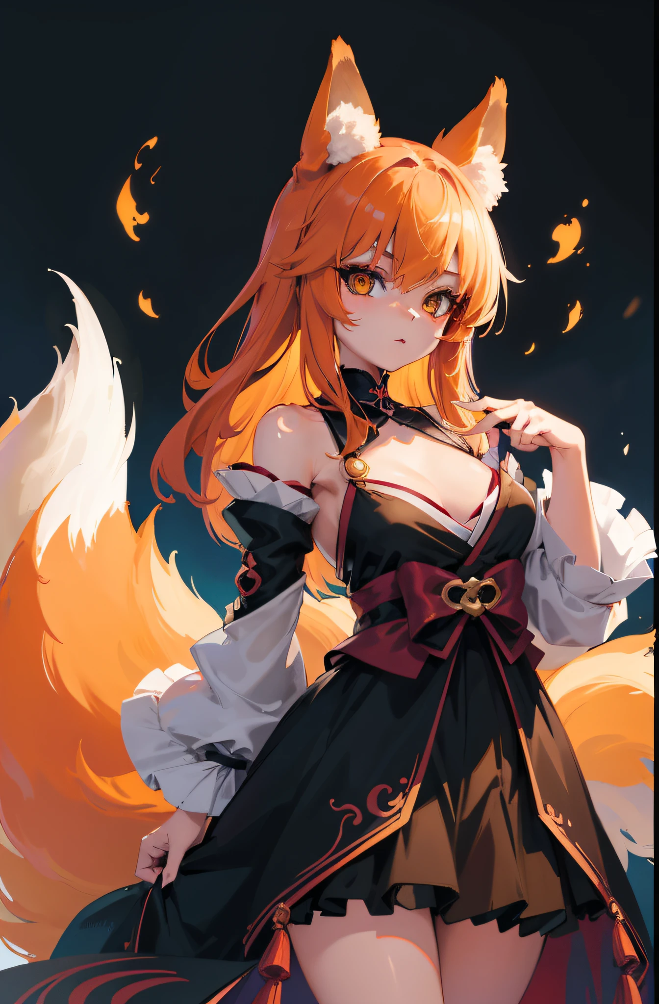 Volumetric Lighting, Best Shadows, Portrait Of Stunningly Beautiful Girl, Petite, Delicate Beautiful Attractive Face With Alluring Yellow Eyes, Small chest, small breasts, Short orange hair, , Thick , Slim Waist, Standing, (Highest Quality, Amazing Details:1.25), Brilliant Colorful Paintings, anime character dressed a dress with a fox tail, fox nobushi, kitsune, kitsune, kemono, a beautiful fox lady, a beautiful kitsune woman, goth makeup, goth clothes, full body, portrait