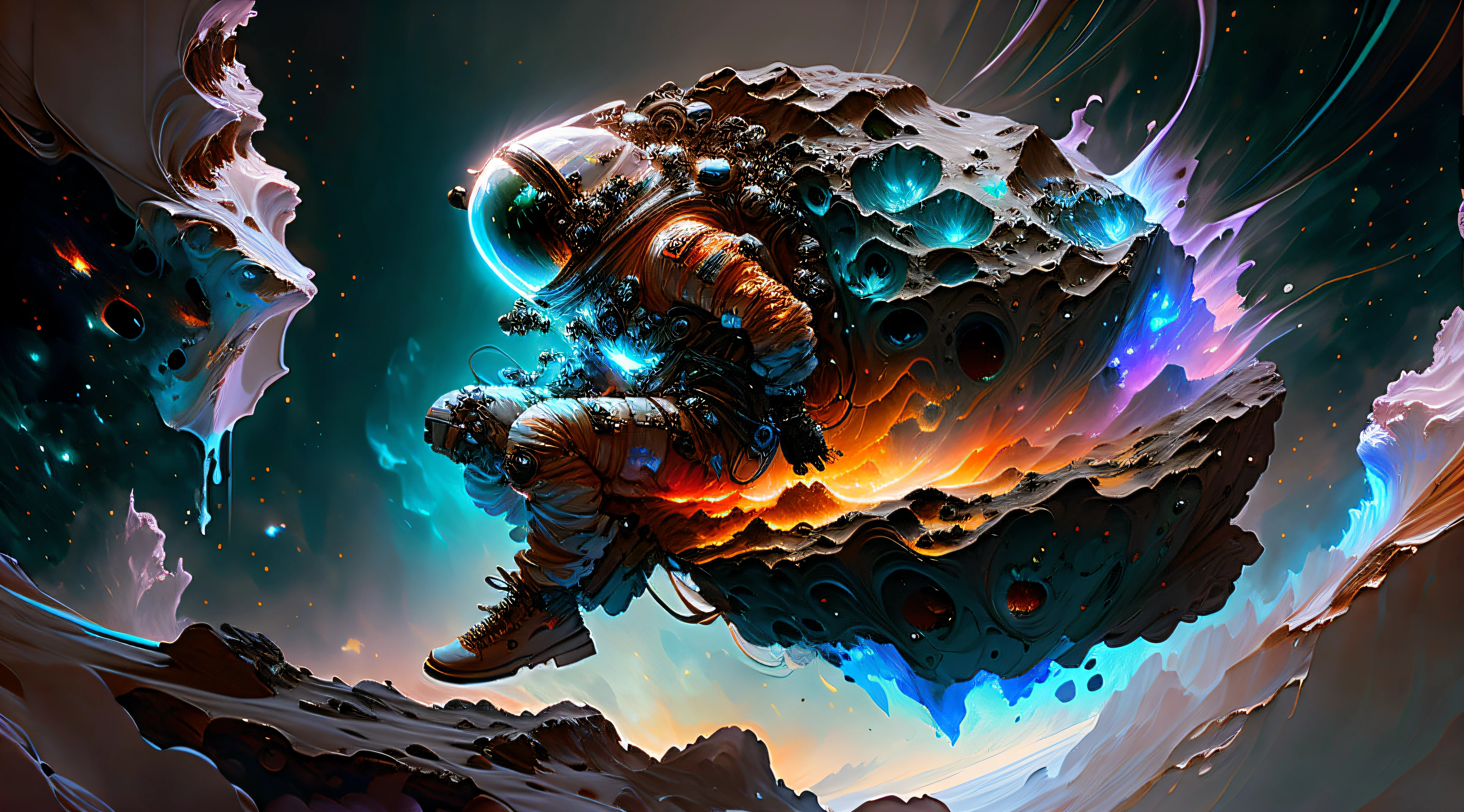 astronaut, climbing the asteroid, character render, ultra high quality model, ethereal background, abstract beauty, explosive volumetric, oil painting, heavy strokes, paint dripping