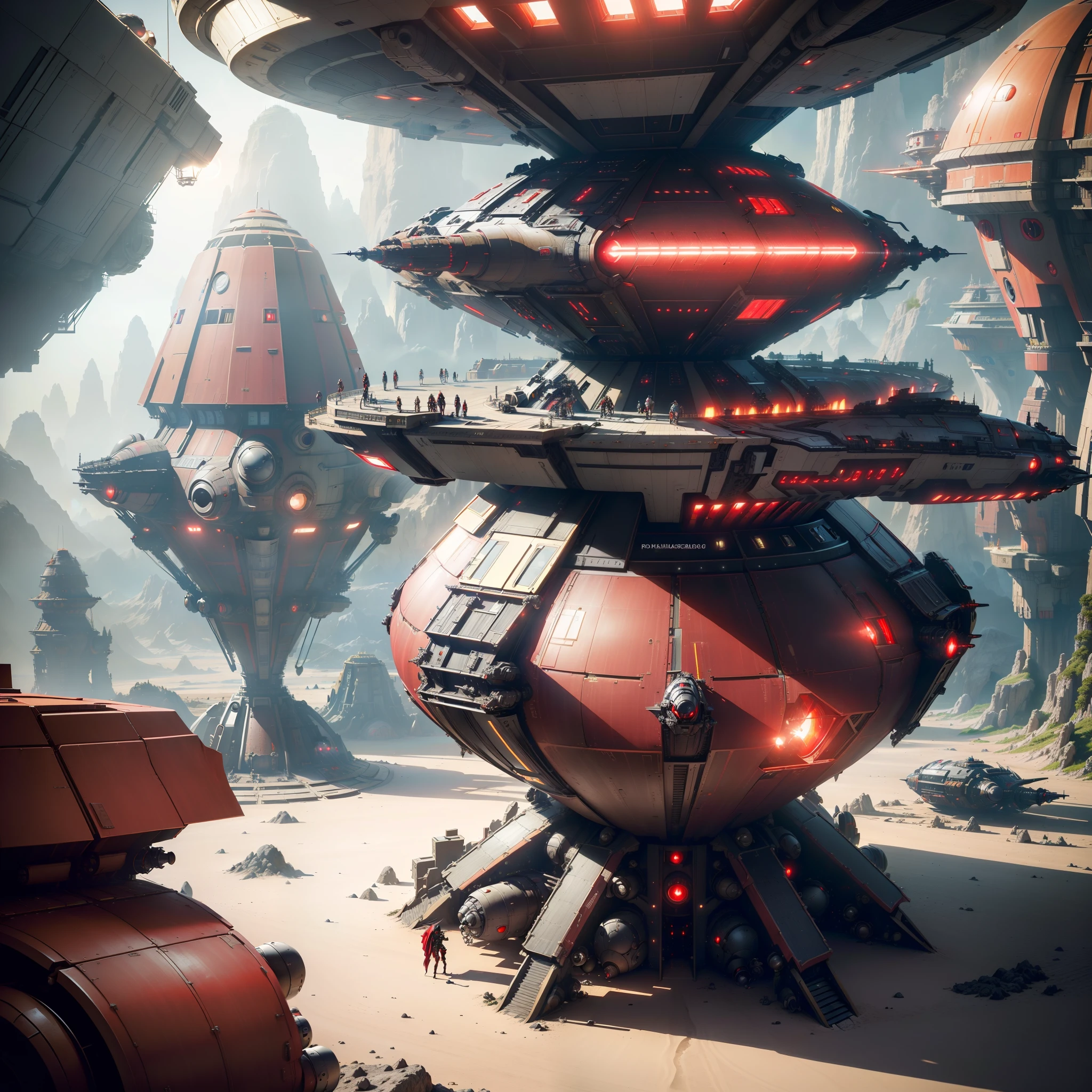 masterpiece, best quality, 8k, natural lighting, soft lighting, sunlight, wide-angle, (action shot of a red and black 
crusader spaceship stadning on ground inside a futuristic spacestation port, people working on the spaceship, repairing 
it:1.3)