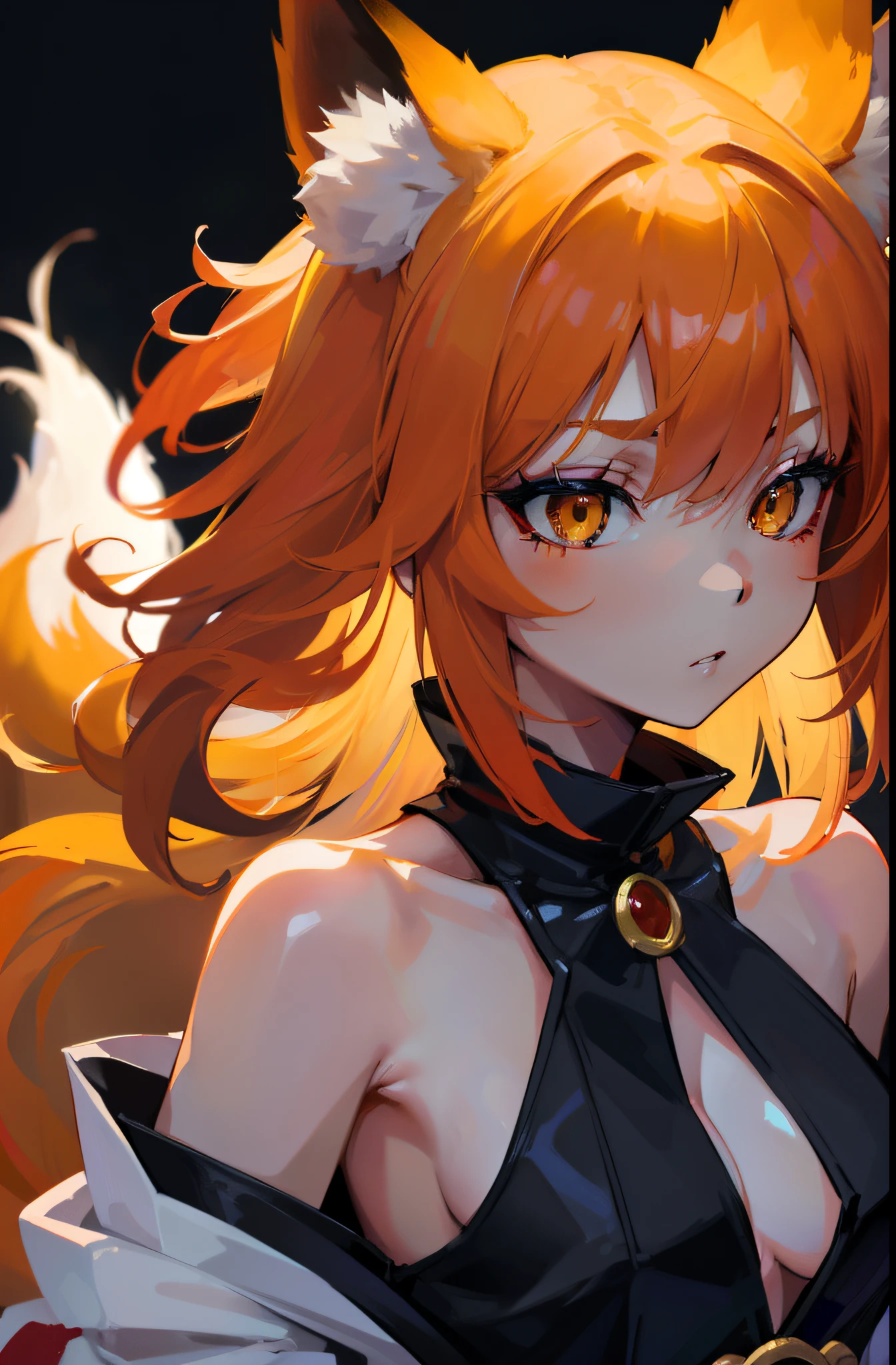 Volumetric Lighting, Best Shadows, Portrait Of Stunningly Beautiful Girl, Petite, Delicate Beautiful Attractive Face With Alluring Yellow Eyes, Small chest, small breasts, Short orange hair, , Thick , Slim Waist, Standing, (Highest Quality, Amazing Details:1.25), Brilliant Colorful Paintings, anime character dressed a dress with a fox tail, fox nobushi, kitsune, kitsune, kemono, a beautiful fox lady, a beautiful kitsune woman, goth makeup, goth clothes, full body, portrait