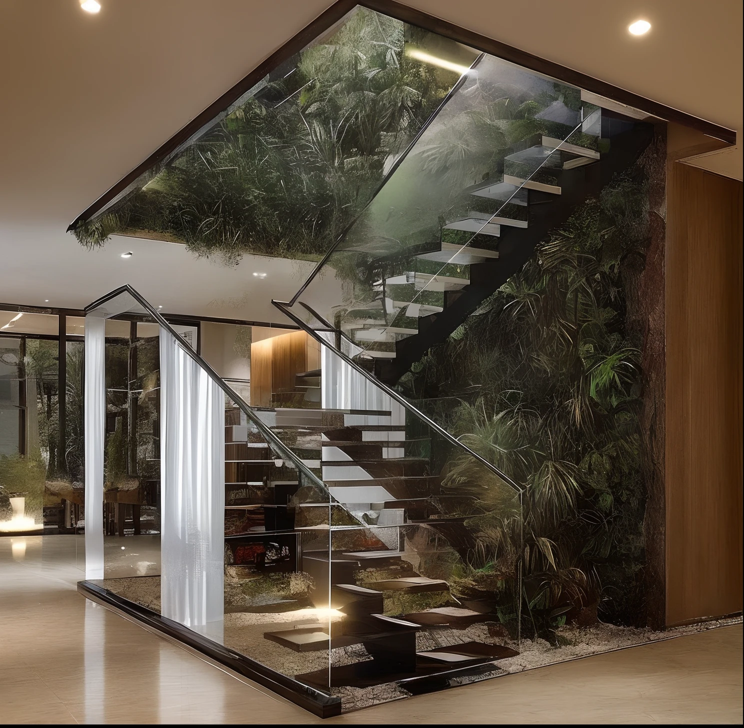 a staircase with a glass handrail and a glass handrail with plants, Natural interior lighting, escadaria externa, beautiful aesthetic design, dense with greenery, escada, interior moderno, Interior, humor biofilia, preenchido com luz natural, parede de vidro transparente, interior bonito, parede de vidro, beautifully detailed render, escadaria, detalhes do design de interiores, a natureza tomando conta, ambiente luxuoso