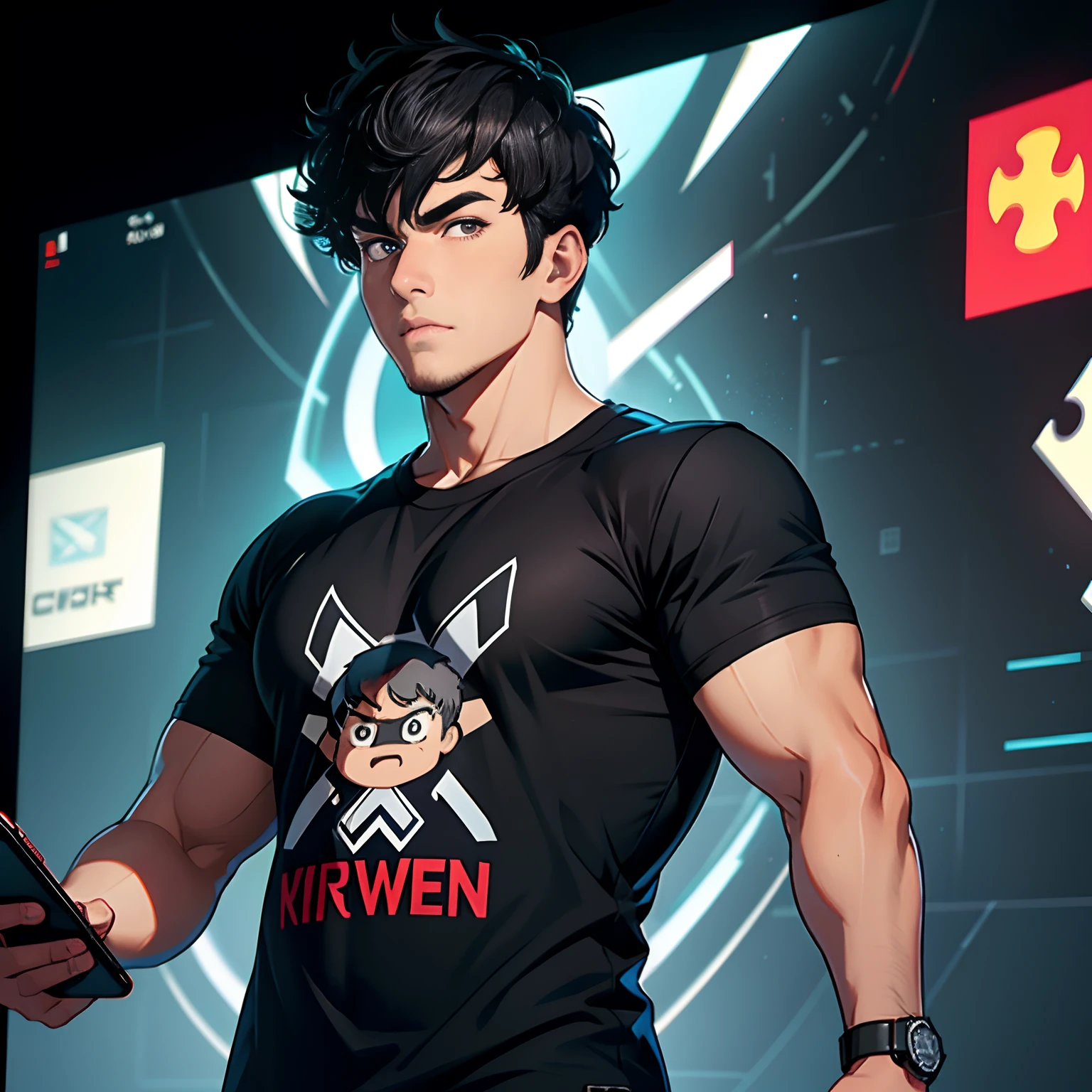 A burly young man with short black hair，A puzzled expression appeared on his rough face，wearing black clothes，Play with your phone in the esports arena