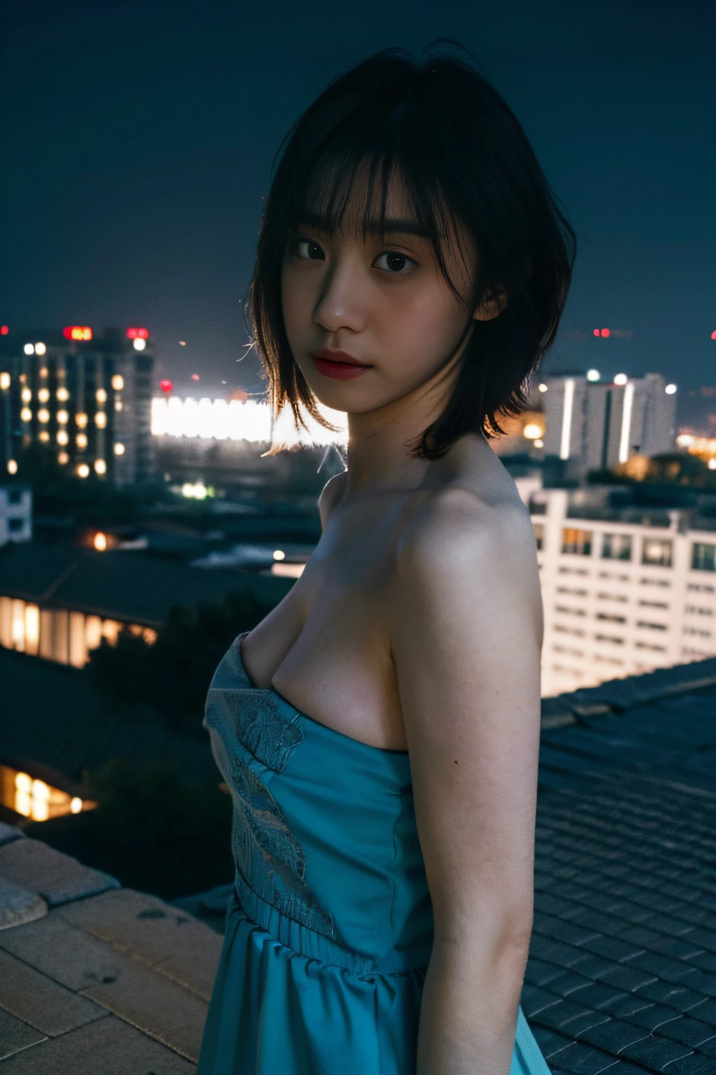 Best quality, masterpiece, ultra high res, (photorealistic:1.4), raw photo, (Authentic skin texture:1.3), (film grain:1.3), panorama, very wide shot, narrow waist, (in the dark, deep shadow, low key, cold light,) night, close-up, indoor, dust, Tyndall effect, gloom (expression), ,(nsfw:1.3),(:1.3),((topless)), (wearing a frilly white dress with blue lace:1.2)(standing on a rooftop overlooking the city at night:1.2), 1girl, beautiful detailed eyes and face, (flat breasts:1.2), seductive pose, brown eyes, 18 year old vietnamese girl, short hair, looking at the view, good girl, waiting for master, seductive pose, full body, ((vietnamese girl)), (((moefive)))