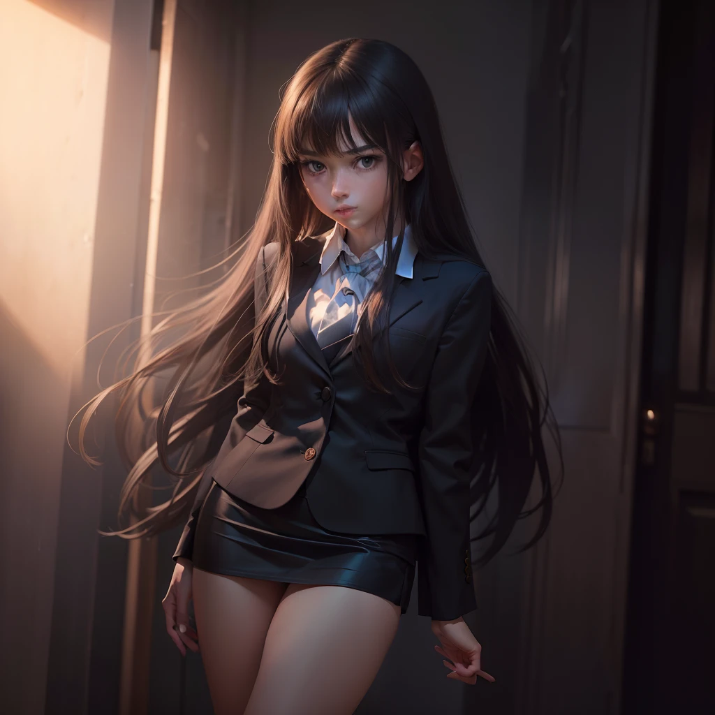 Best quality,masterpiece,ultra high res,(photorealistic:1.4),raw photo,(slender legs)(beautiful hands)(normal body shape),dynamic pose,1girl,solo,school uniform,in the dark,deep shadow,low key,cold light 12000K,