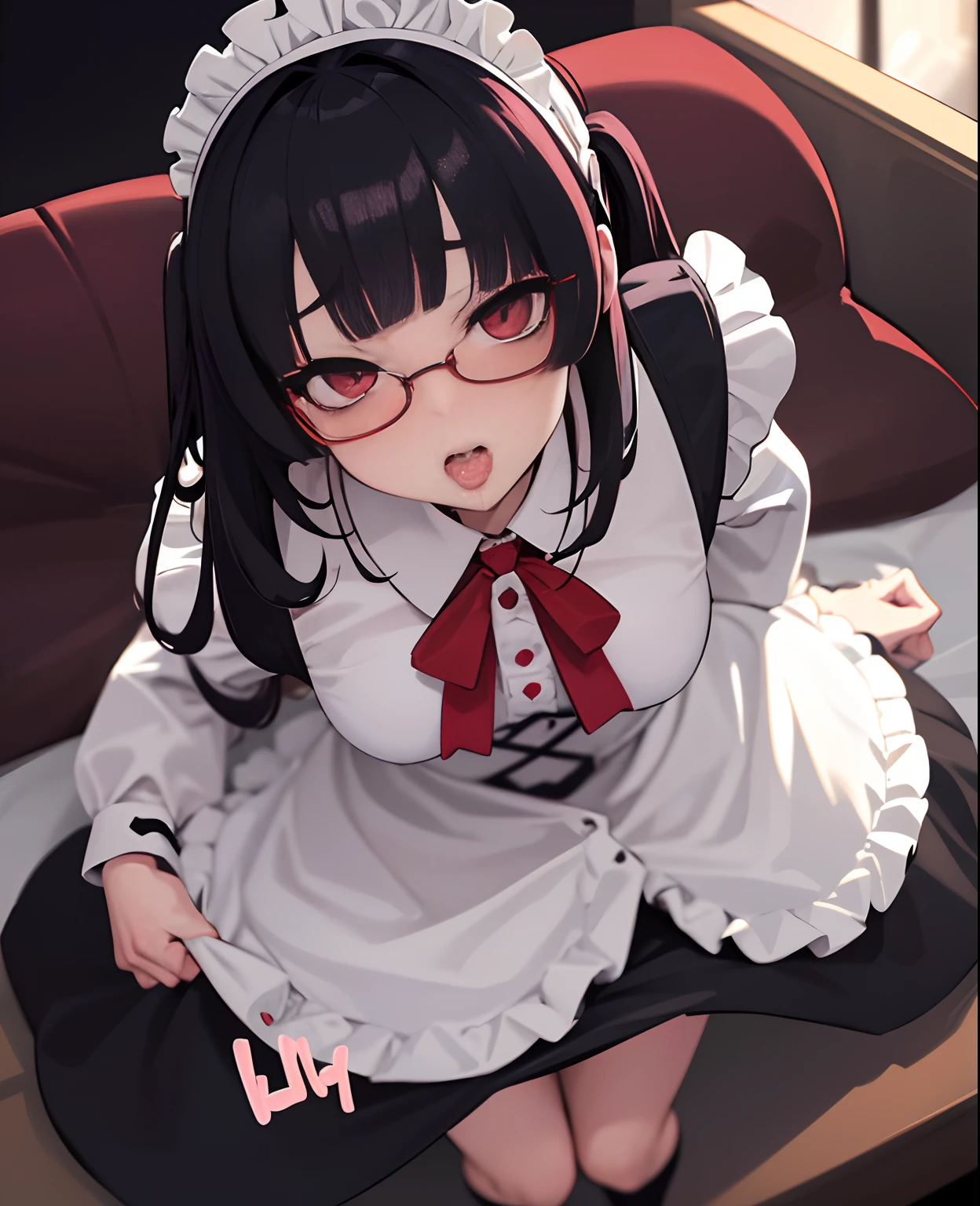 1girl in, [Twin-tailed], Shaded face, Maids, Crazy, skirt rift, pantiy, [self lift]、eye glasses、put on glasses、eye glass、Blunt bangs、Red brilliant eyes、Sexy、Nasty face、maid, over-kneehighs,Ahegao , Silly,Sexual ecstasy,Drunken eyes,Blunt bangs, Black hair,(masutepiece:1.2, Best Quality), (finely detailed beautiful eye: 1.2), (Detailed background,Dark Fantasy), (beautifull detailed face), High contrast, (Best Illumination, extremely delicate and beautiful), ((Cinematic Light)), Colorful, Hyper Detail, Dramatic light, Intricate details,