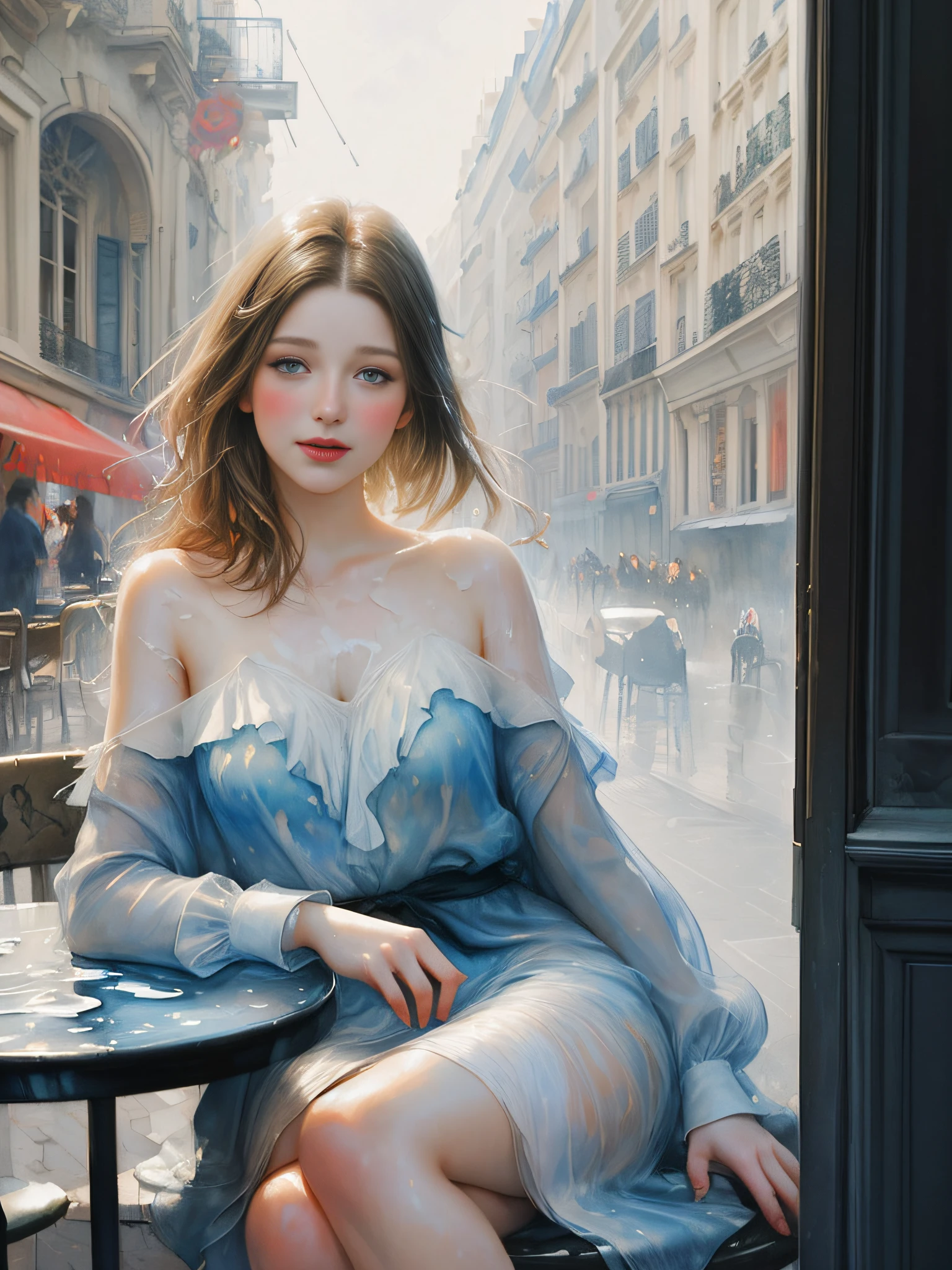 a stunningly beautiful young woman sitting in a Parisian street café, portrait by Willem Haenraets, watercolor, wet on wet and splattering techniques, centered, perfect composition, abstraction, surrealism