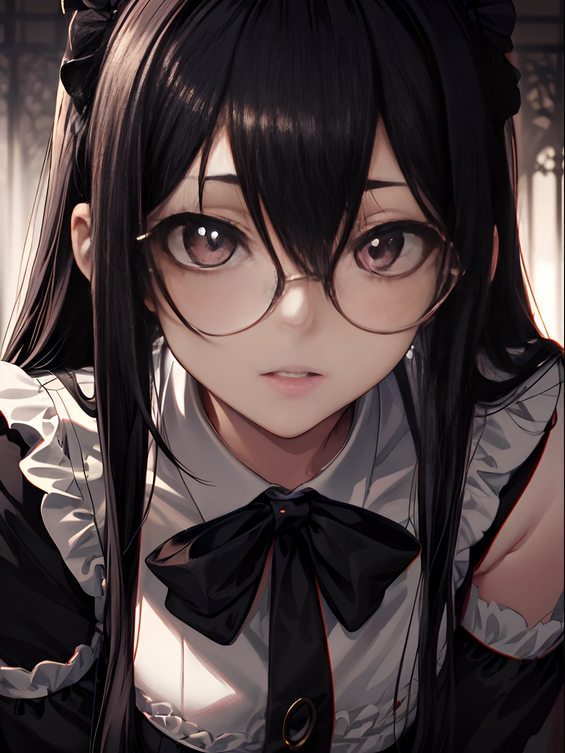 1girl in, [Twin-tailed], Shaded face, Maids, Crazy, skirt rift, pantiy, [self lift]、eye glasses、put on glasses、eye glass、Blunt bangs、Red brilliant eyes、Sexy、Nasty face、maid, over-kneehighs,Ahegao , Silly,Sexual ecstasy,Drunken eyes,Blunt bangs, Black hair,(masutepiece:1.2, Best Quality), (finely detailed beautiful eye: 1.2), (Detailed background,Dark Fantasy), (beautifull detailed face), High contrast, (Best Illumination, extremely delicate and beautiful), ((Cinematic Light)), Colorful, Hyper Detail, Dramatic light, Intricate details,