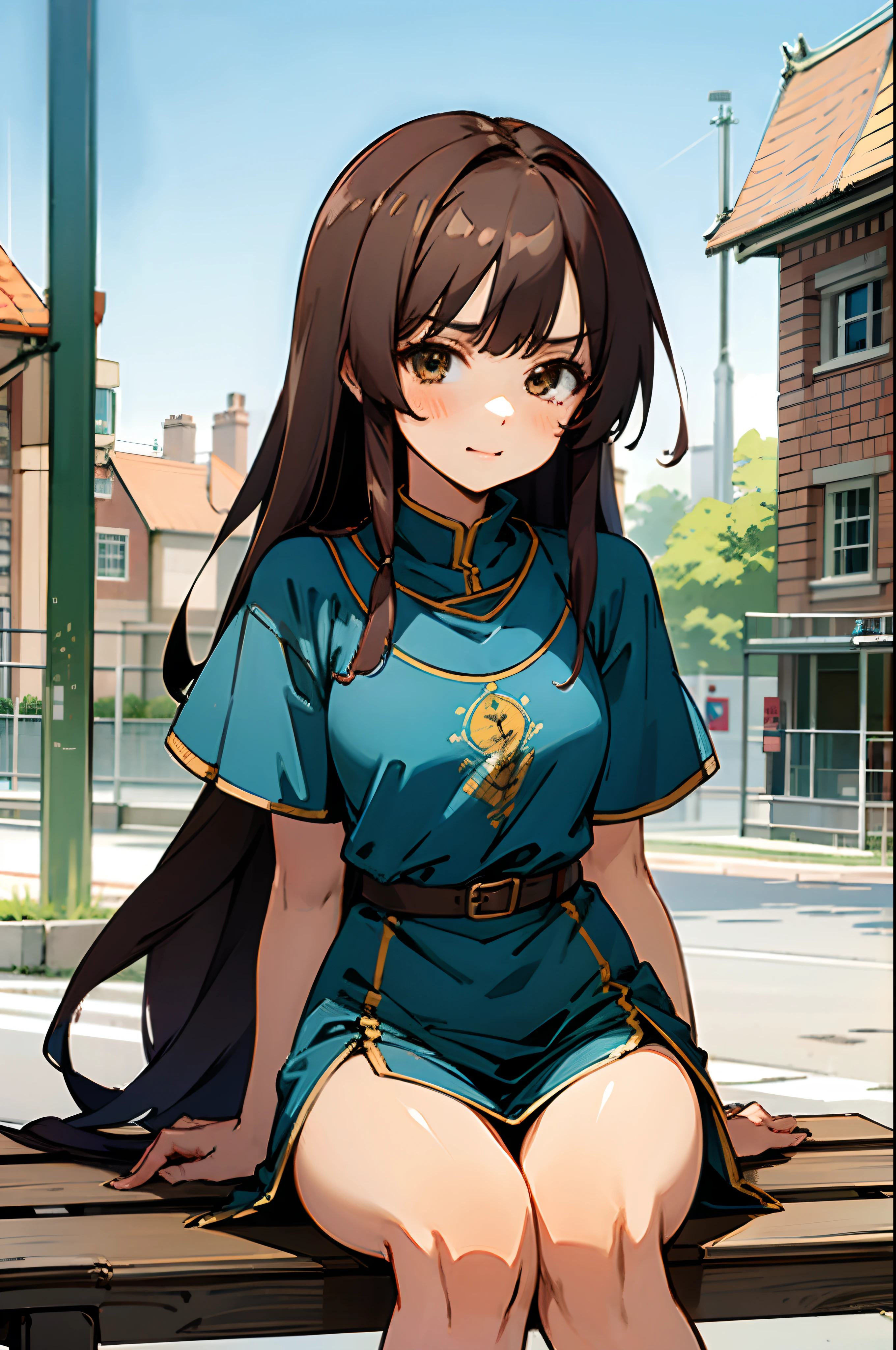 1girl, bronze long hair. bronze eyes, wearing medieval fantasy dress, high res, ultrasharp, 8k, masterpiece, perfect body, perfect face, cute face, sitting on the bench, medieval city looking forward