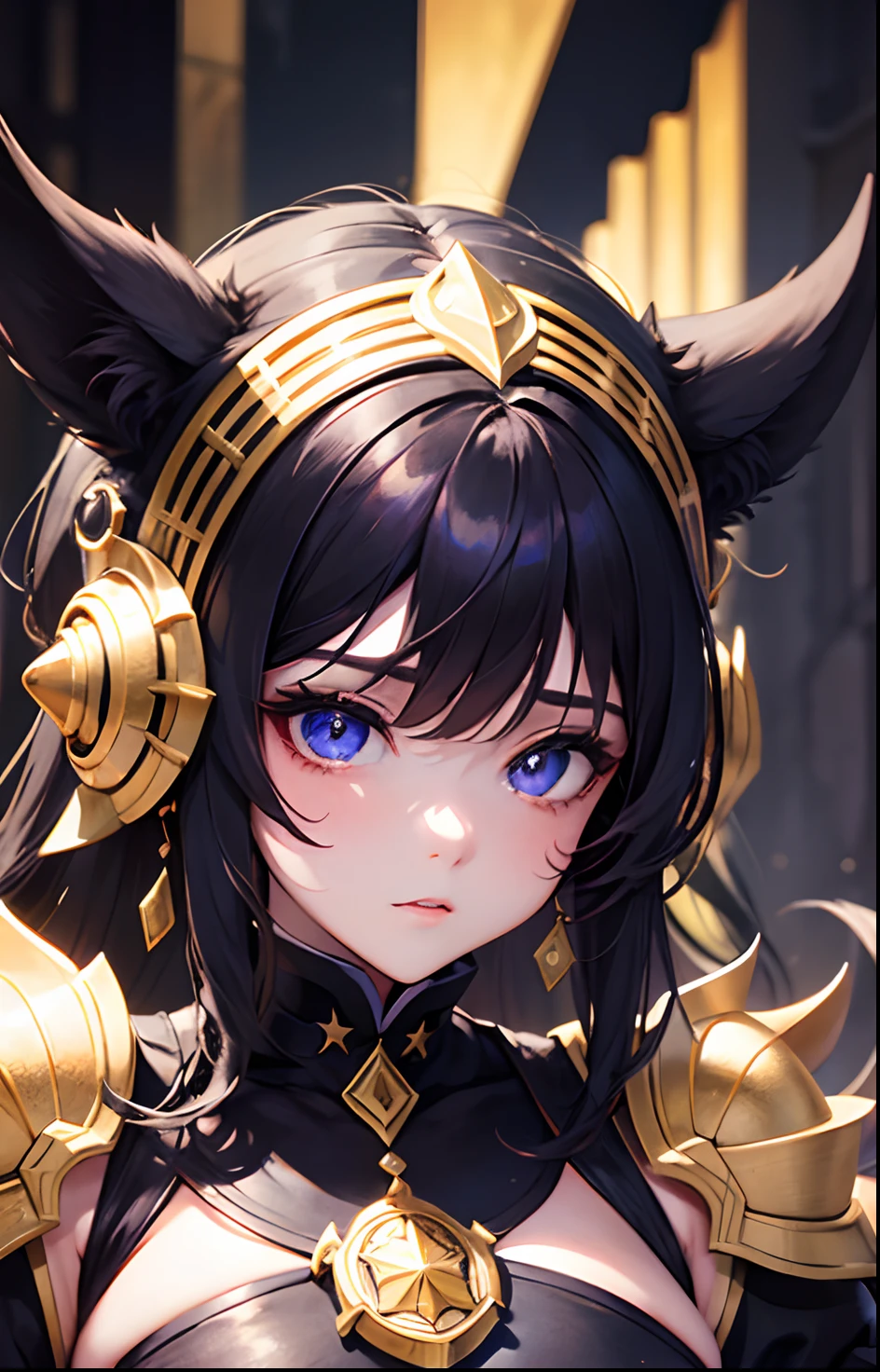 Una Chica Sucubo,negra, pelo cortoy negre,hentai,sexy,con cuernos de color amAMARILLOS,armadura reveladora,pechos y cadera grandes,ojos de color violeta,labios carnosos pintados de rojos carmin,cara detallada,ojos detalldos,Obra maestra