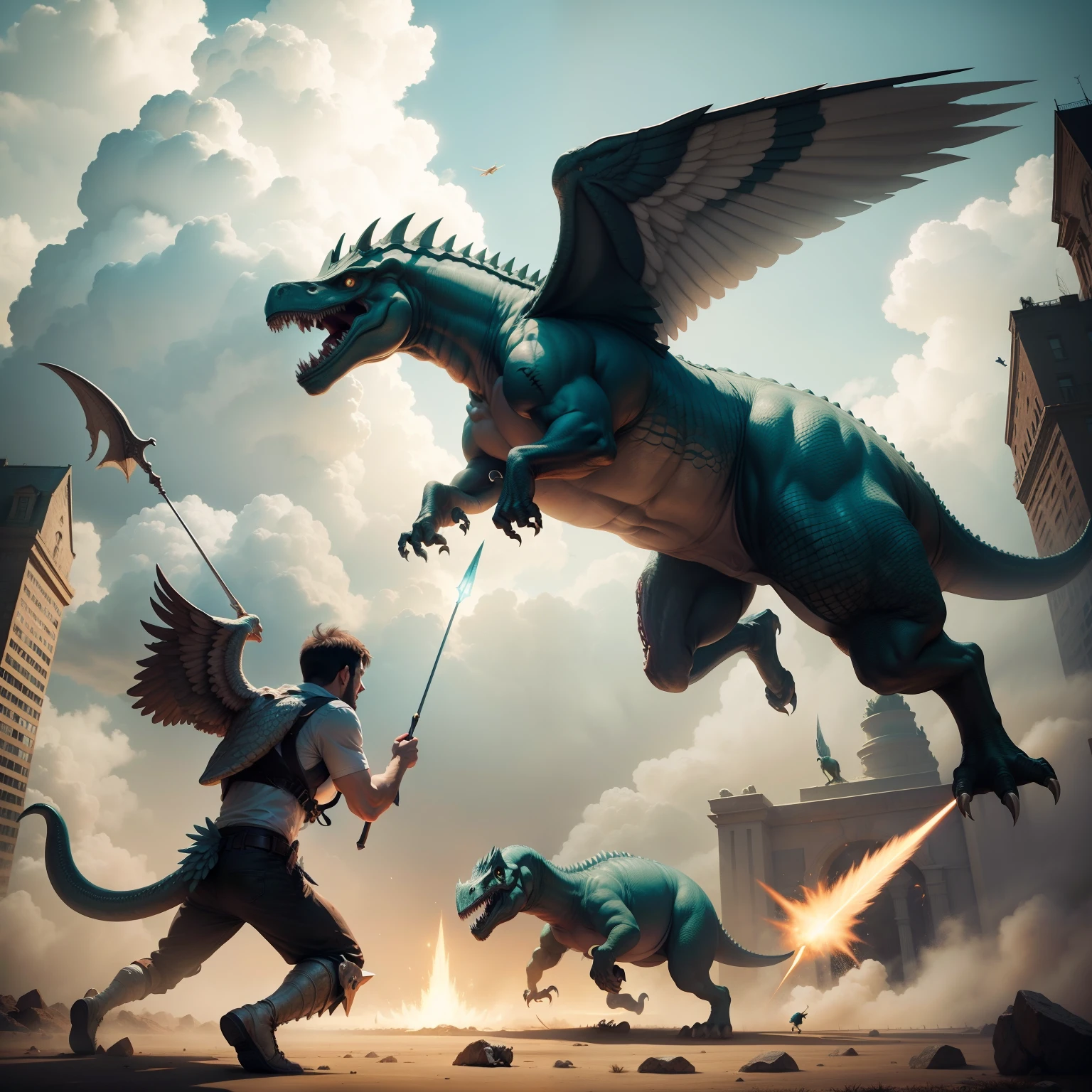 An angel attacking a dinosaur with a spear