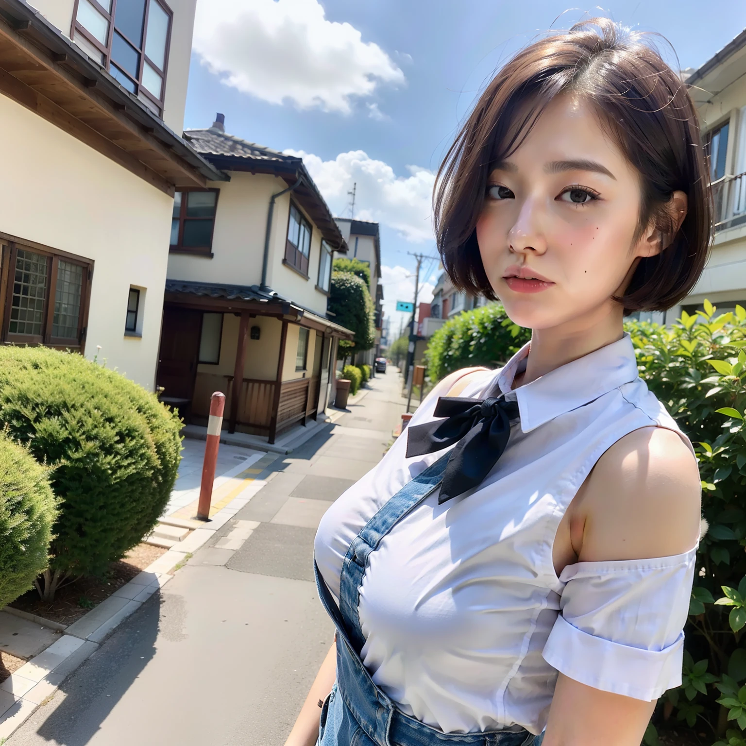 overalls, toppless, Shirtless, medium breasts, From Side, (8K, Raw photo, Best Quality, masutepiece:1.2), (Realistic, Photorealsitic:1.37), Detailed skin, Beautiful, kawaii, Ultra-detailed, 1 girl,Cute, Solo,Beautiful detailed sky,detailed Tokyo street,Night, medium breasts,Beautiful detailed eyes,(Collared shirt:1.1), bowtie,Pleated skirt,(Short hair:1.2),Floating hair,Short High,