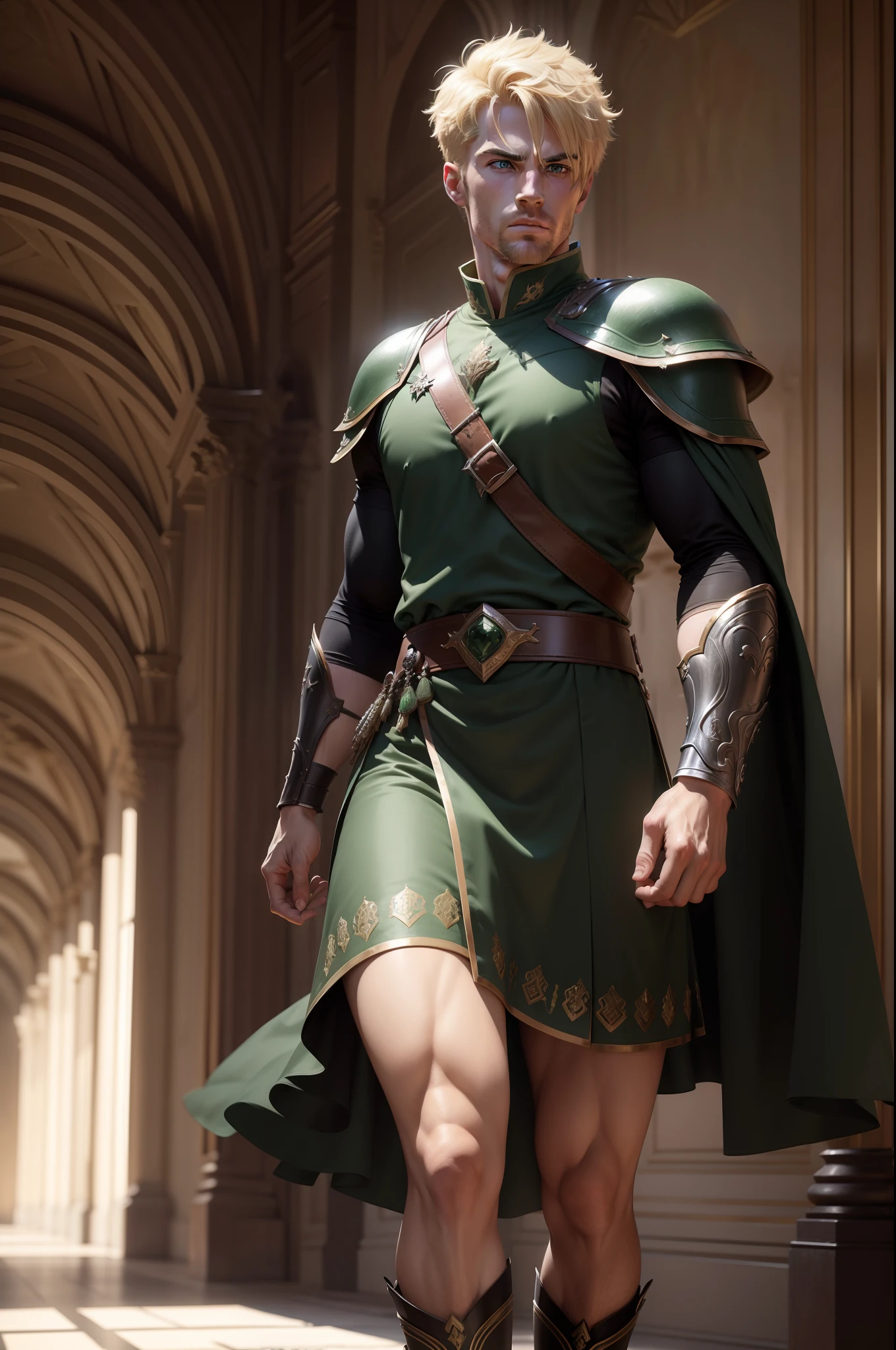 ultra realistic 8k image of a blond man with short hair, 30 years old, strong, handsome, extremely detailed green eyes, dressed in black RPG warrior costume with dark green shoulder pads, looking to the side, running in a large hall of a royal palace, serious expression