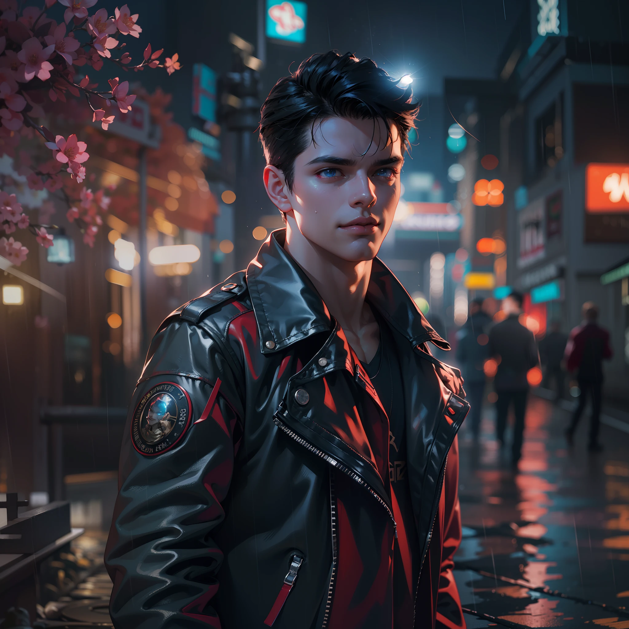 Outdoors, male, 20 years old, wearing red leather jacket, wearing black jeans, glowing blue eyes, slicked-back black hair, pale skin, (smirk:1.2), (hands in fists:1.3), (tough attitude), modern urban environment, night, rain, neon signs, 8k, Unreal engine, highly detailed, octane render, photorealistic, dim light, brightly lit, lens flares, beams and intricate details, incredibly detailed and volumetric lighting, 4k rendering, ray tracing, bokeh, particle effects, stock imagery, hyper realistic textures, dramatic lighting, use of Unreal Engine and a sense of epic grandeur. (Bloom:1.3)