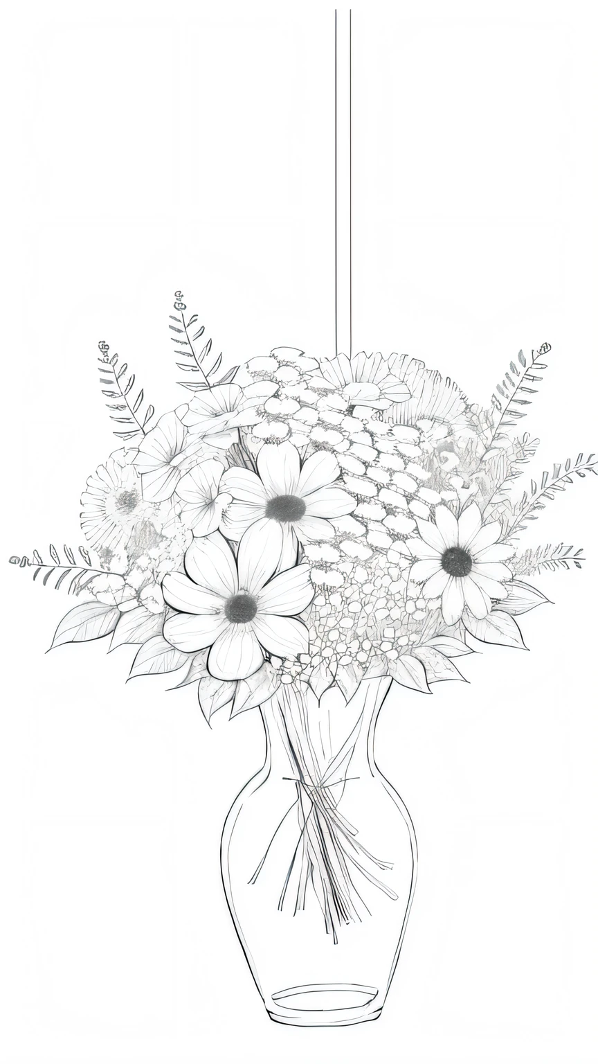 flower bouquet, line drawing background, white background, monochrome, line drawing, ((sketch))