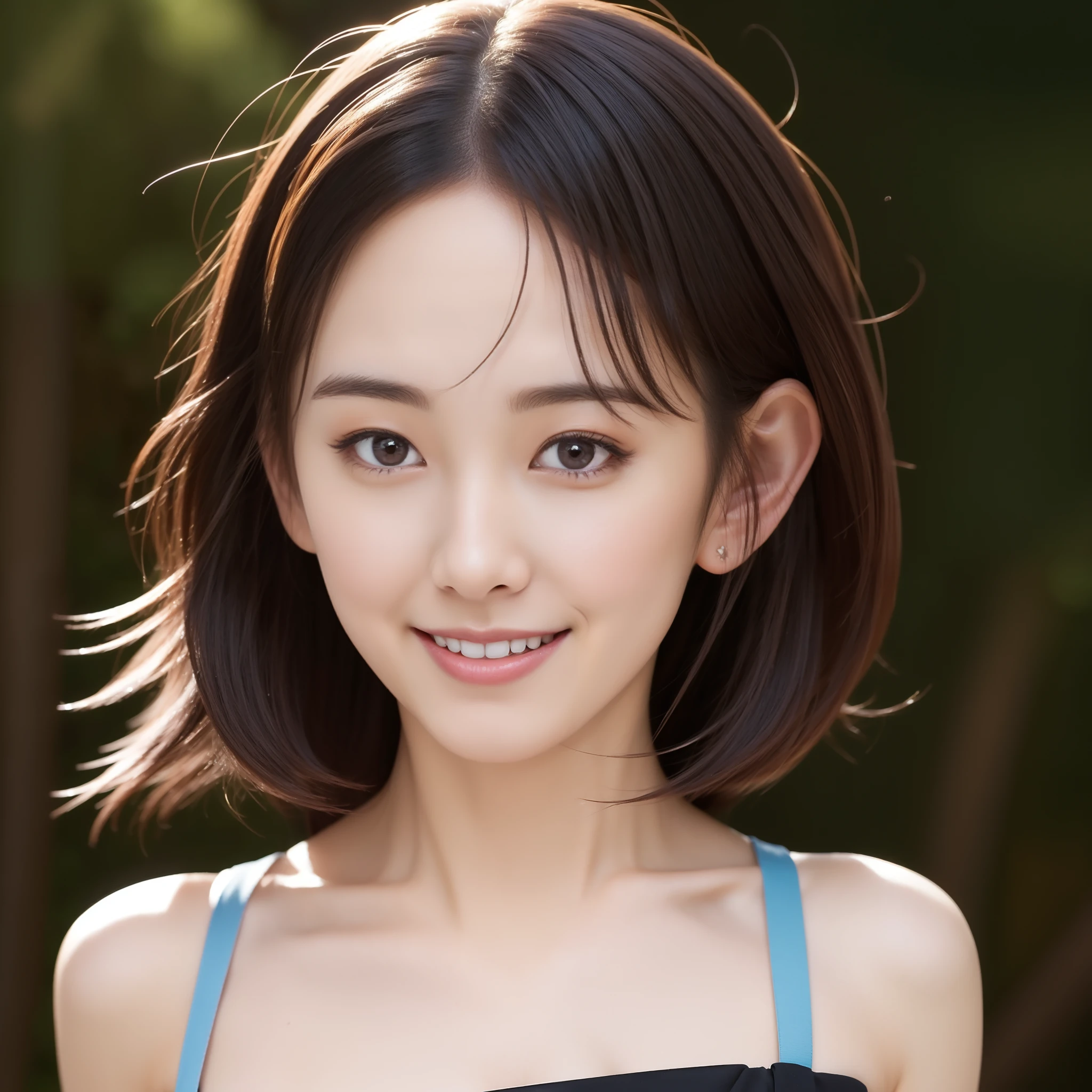 8K,masterpiece,top-quality,write,Beautiful woman in short bob,(Super smile:1.6),Black sleeveless,beautiful japanese female, Pretty actress, Adorable Japan human face, Female actress,slim