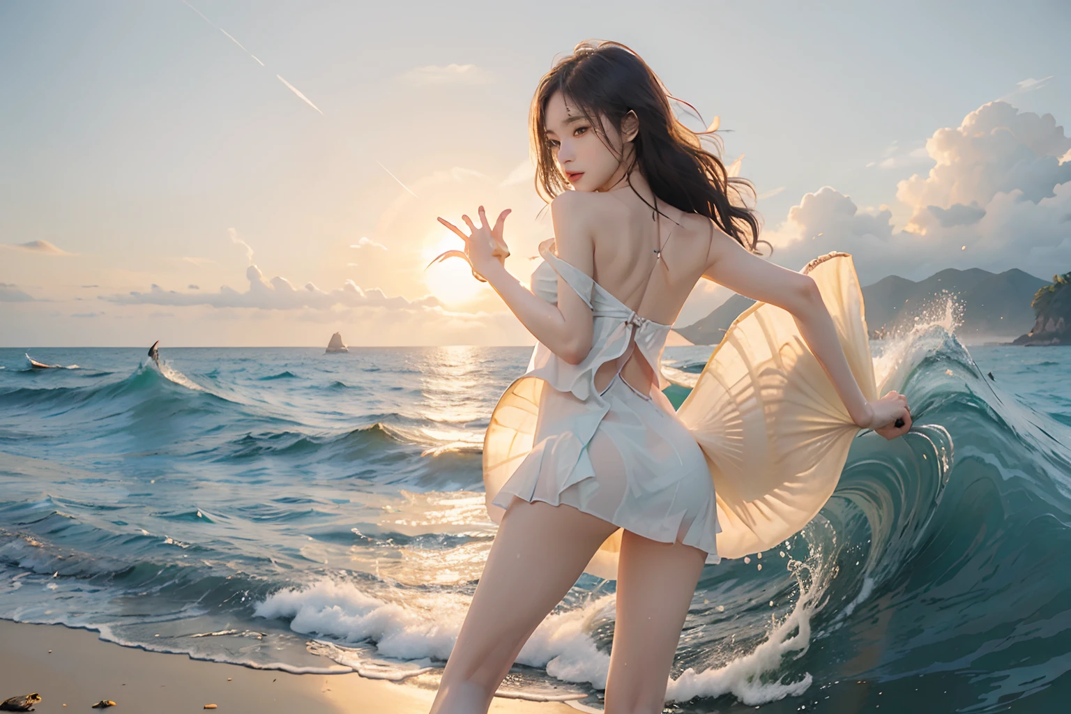 “A girl with long hair and a short dress on her back ((raises a hand)) and her feet on tiptoes. The sun on the horizon of the sea creating a beautiful sunset of warm tones and vibrant colors, where the sun's rays are reflected. gently in the waves of the sea and the clouds take on a golden hue and includes a lone silhouette on the horizon, projecting a sense of tranquility and serenity as the day comes to an end in an idyllic setting. Big wave coming on land with a palm tree, ocean wave, tropical ocean, beautiful digital artwork, awesome wave, blue crashing waves, ocean waves, styled photography