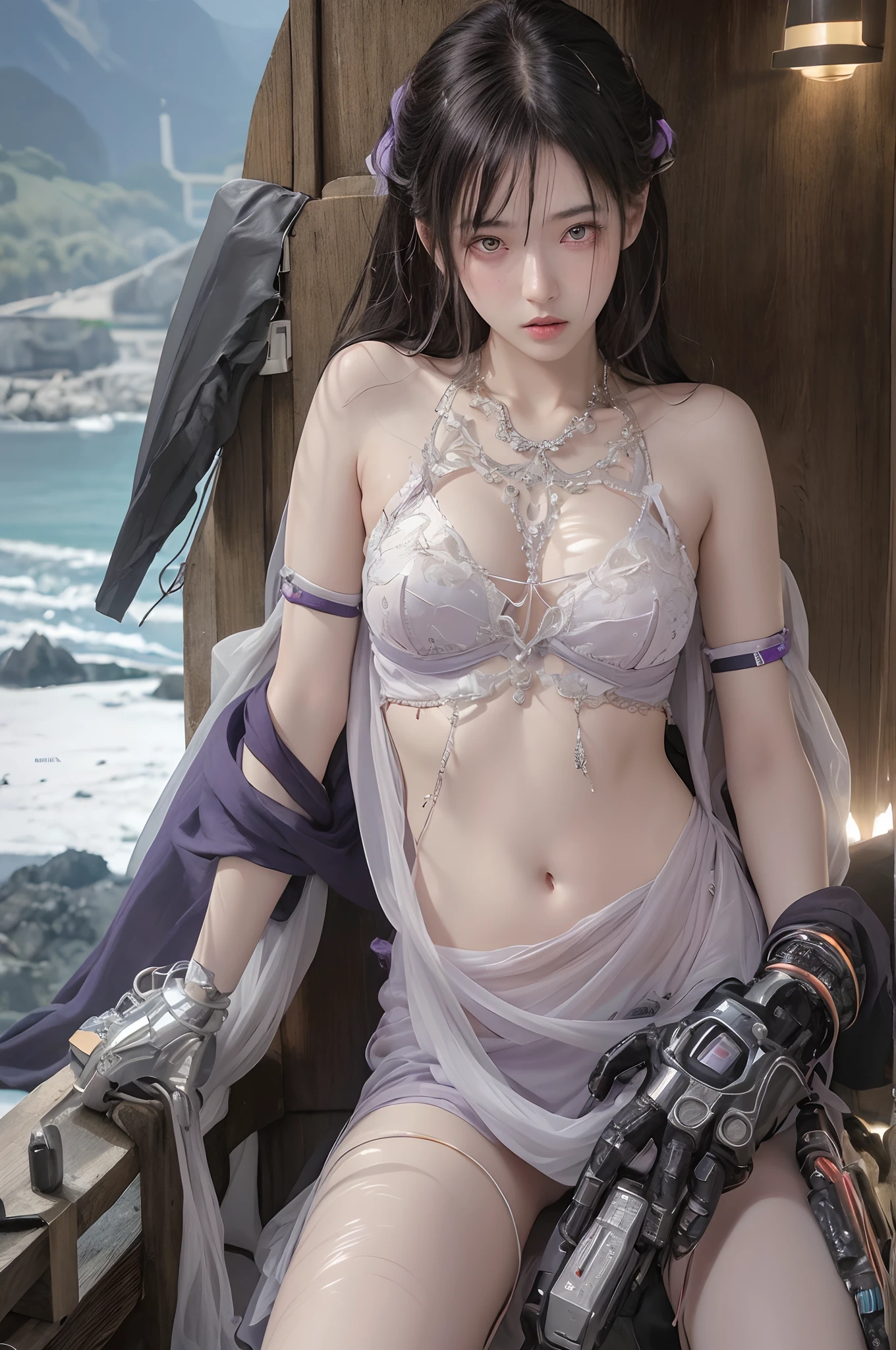 Top Quality, Masterpiece, Ultra High Resolution, (Photorealistic: 1.4), Raw Photo, 1 Girl, Black Hair, Glossy Skin, 1 Mechanical Girl, (Ultra Realistic Detail)), Portrait, Global Illumination, Shadows, Octane Rendering, 8K, Ultra Sharp, Big, Cleavage Exposed Raw Skin, Metal, Intricate Ornament Details, Japan Details, Very intricate details, realistic light, CGSoation trend, purple eyes, glowing eyes, facing the camera, neon details, mechanical limbs, blood vessels connected to the tube, mechanical vertebrae attached to the back, mechanical cervical attachment to the neck, sitting, wires and cables connecting to the head, gundam, small LED lamps,