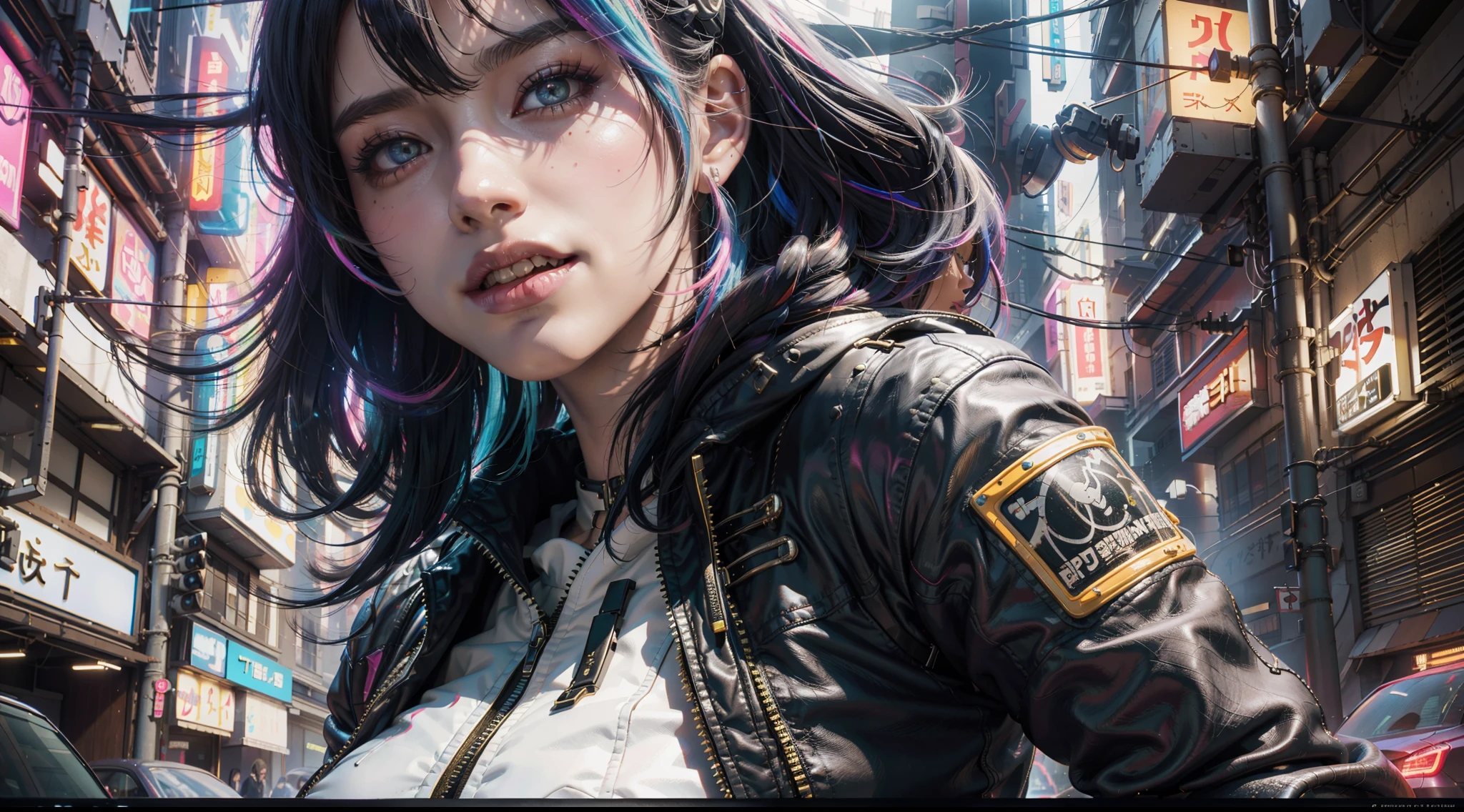 hyperrealistic close up portrait photograph of laughing cyberpunk ebony nekomata catgirl in a crowded Japanese street, large breasts, chubby, wearing white leather jacket and armor, fringe cut and bangs rainbow hairstyle, insane details, detailed designs, glowing colorful circuitry, colorful neon trim, cinematic lighting, rim lighting, f/2.8, art by H.R. Giger, Greg Rutowski