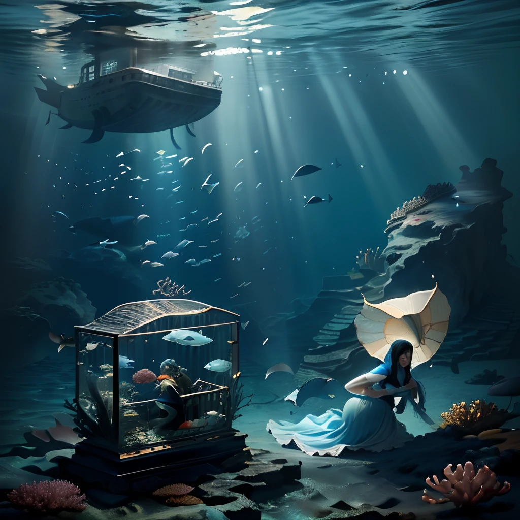 A man fled towards the sea, Realistic realistic seabed,A beautiful, pregnant woman is locked up in a prison under the sea, struggling desperately,Lack of oxygen and difficulty breathing。Schools of fish gather and swim on the bottom of the sea with the words "Mo stupid wait for him",The picture is desperate。