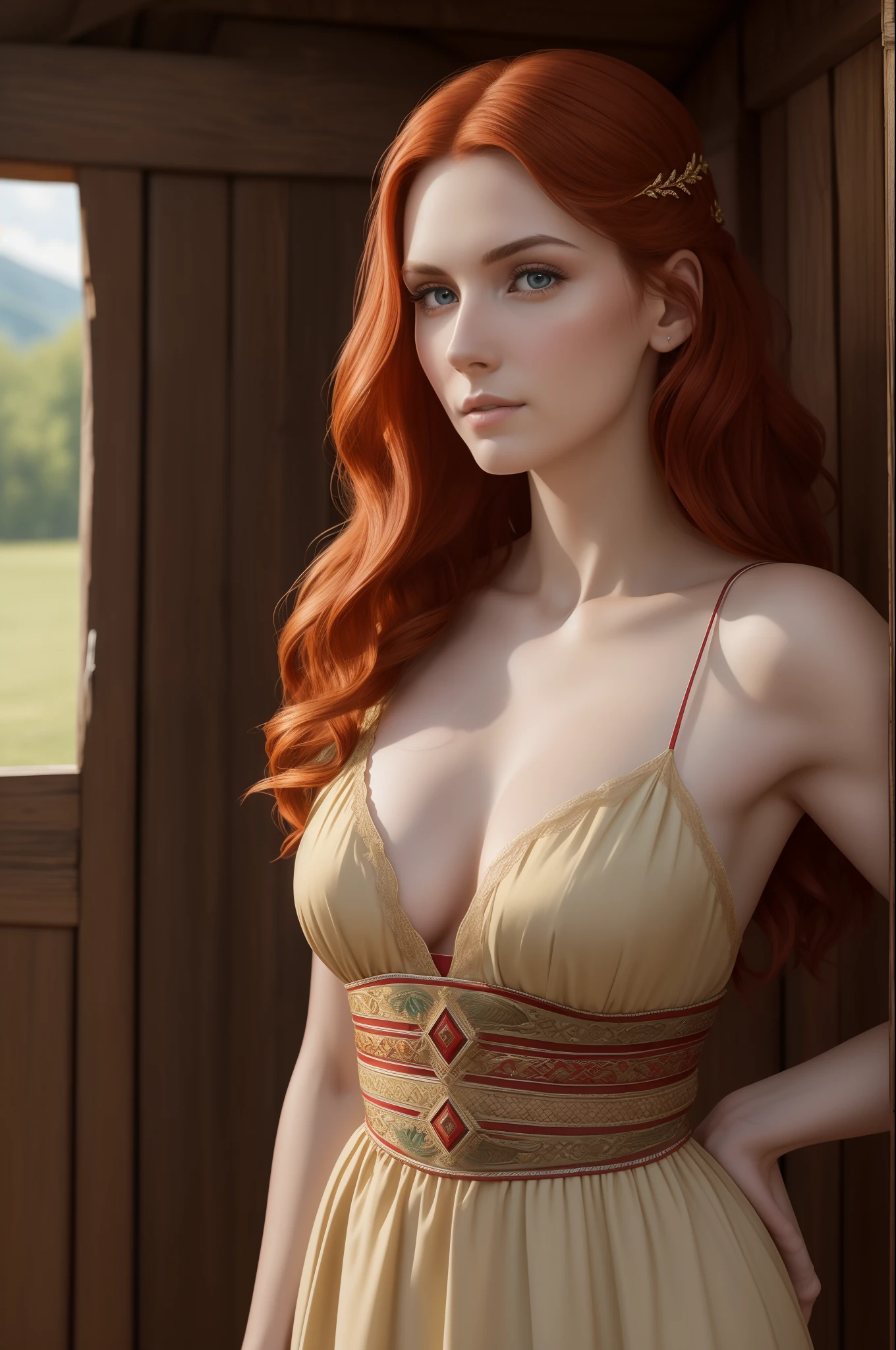 Masterpiece, 8K, wallpapers, (Detailed), ((full - body)), (20th century, 1940) Tall Woman, 28 years old, Russian, Slavic appearance, beautiful, red hair in different directions, fair skin, (A affectionate look), (In a Slavic dress), (against the background of the hut), ((high skin detail, skin details)), sharp-focus, 8K UHD, dslr, hiquality, Film grain,