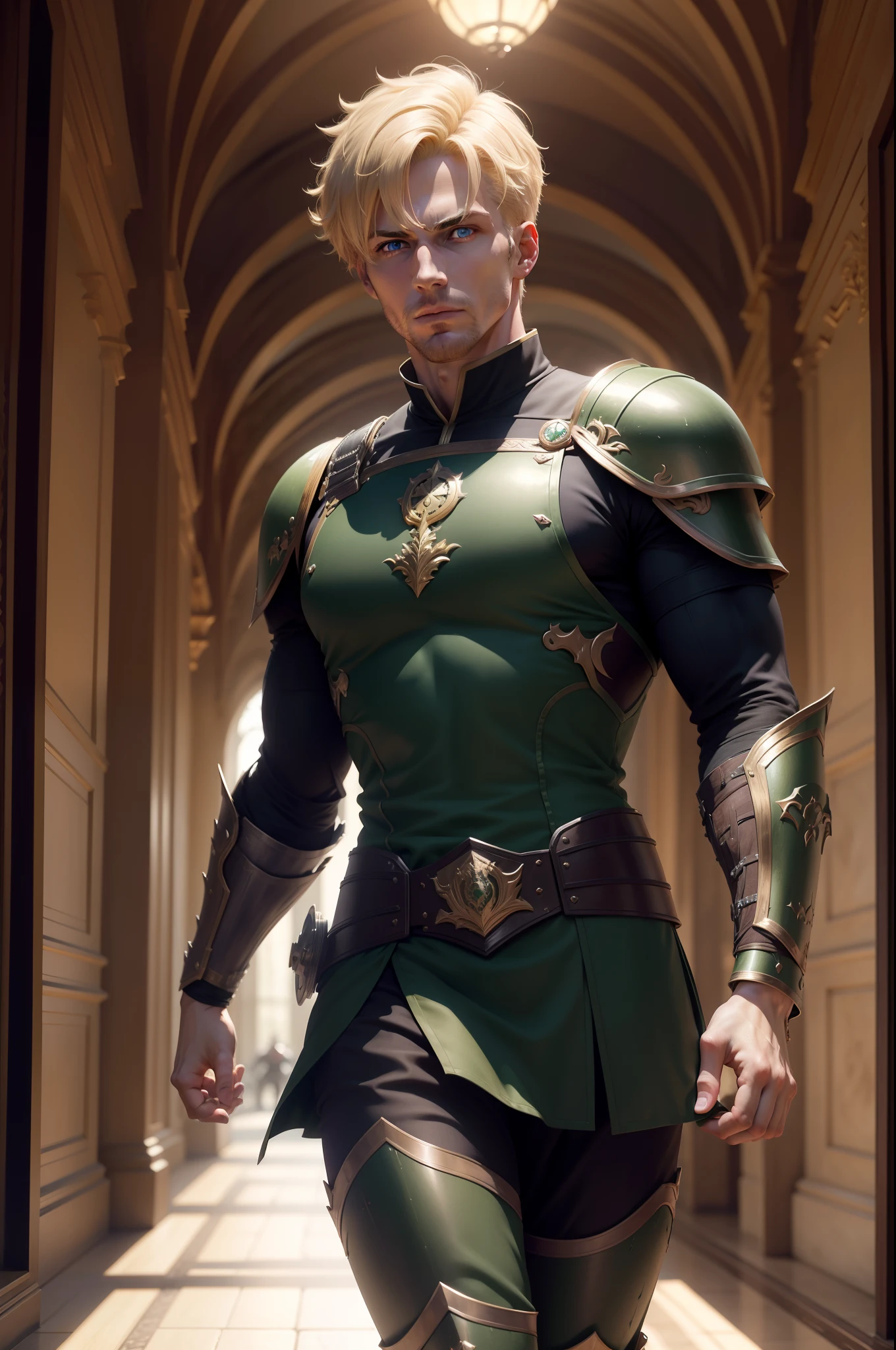 ultra realistic 8k image of a blond man with short hair, 30 years old, strong, handsome, extremely detailed green eyes, dressed in black RPG warrior costume with dark green shoulder pads, looking to the side, running in a large hall of a royal palace, serious expression