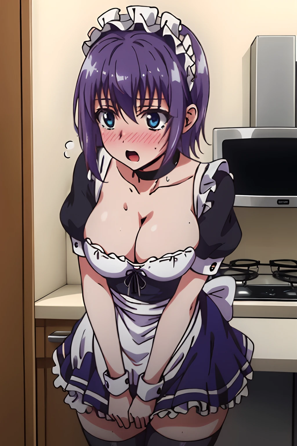 masterpiece, best quality, high resolution, extremely detailed, detailed background, cinematic lighting, dynamic angle, hoshizuki kaede, 1girl, purple hair, solo, breasts, looking at viewer, short hair, open mouth, blue eyes, cleavage, medium breasts, short sleeves, frills, choker, puffy sleeves, black thighhighs, puffy short sleeves, zettai ryouiki, wrist cuffs, maid, maid headdress, white apron, maid apron,  sweat, blush, embarrassed , heavy breathing , steaming body, aroused, nsfw