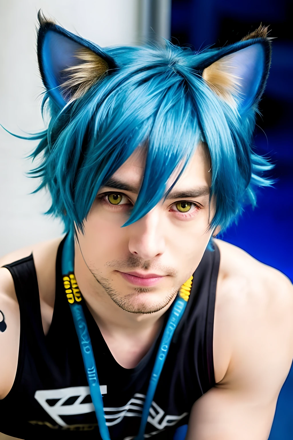 catboy with blue hair, blue hair, cat ears, 32 yo, Aged 32, white male, male neko, golden eyes, yellow eyes, hot, futuristic