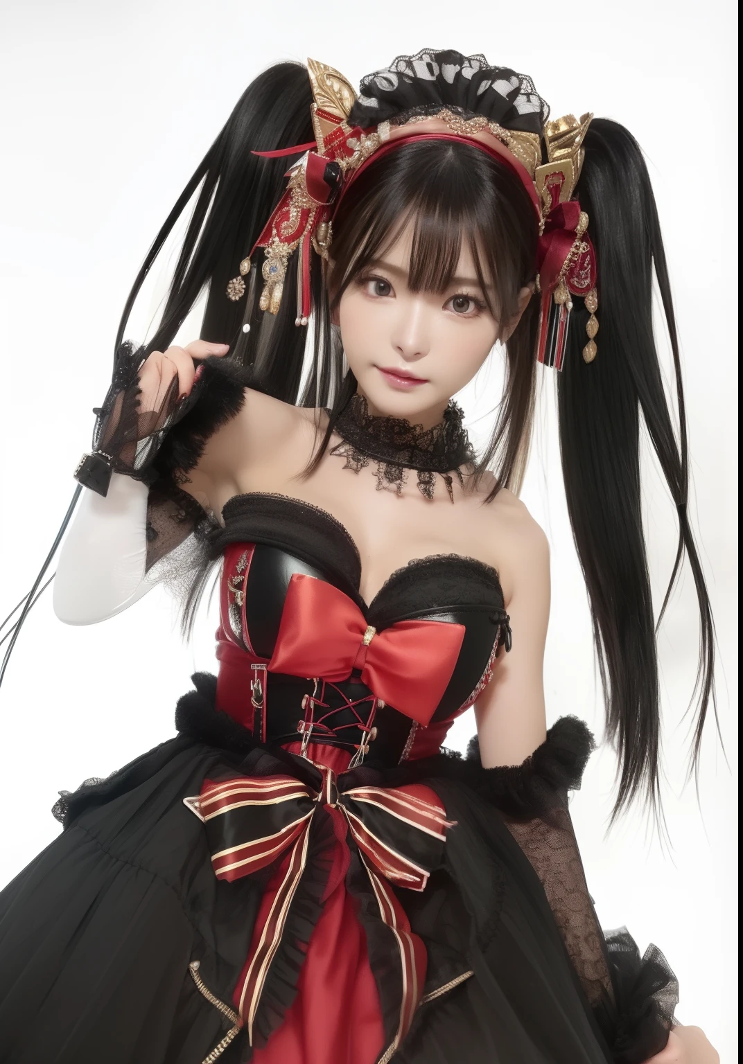 ((Top Quality, 8k, 1girl, Detailed Face and Skin Texture, Detailed Eyes, realistic, Kurumi, black hair, detailed