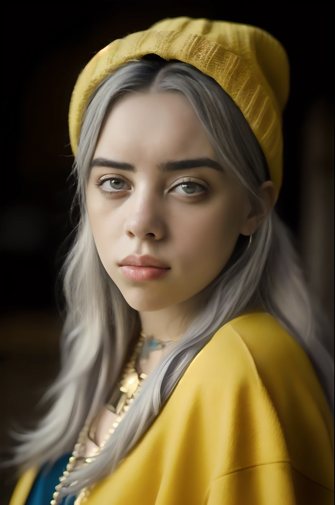 A woman with gray hair wearing a yellow hat and a yellow sweater, Retrato de Billie Eilish, Retrato de Billie Eilish, color photograph portrait 4k, Retrato Anya Taylor-Joy, Retrato de 50 mm, Retrato en color, Billie Eilish, 1 3 5 mm retrato de Nikon, Retrato de 60 mm, 50 mm lens photo portrait