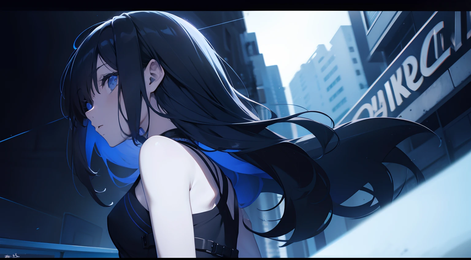blue tone, cool girl, a little dark purple tone, upper chest shot, monochrome, black, blue, back ground in black, everyday scenary, the day the world ends, from back, looking up, heavily blurred background,