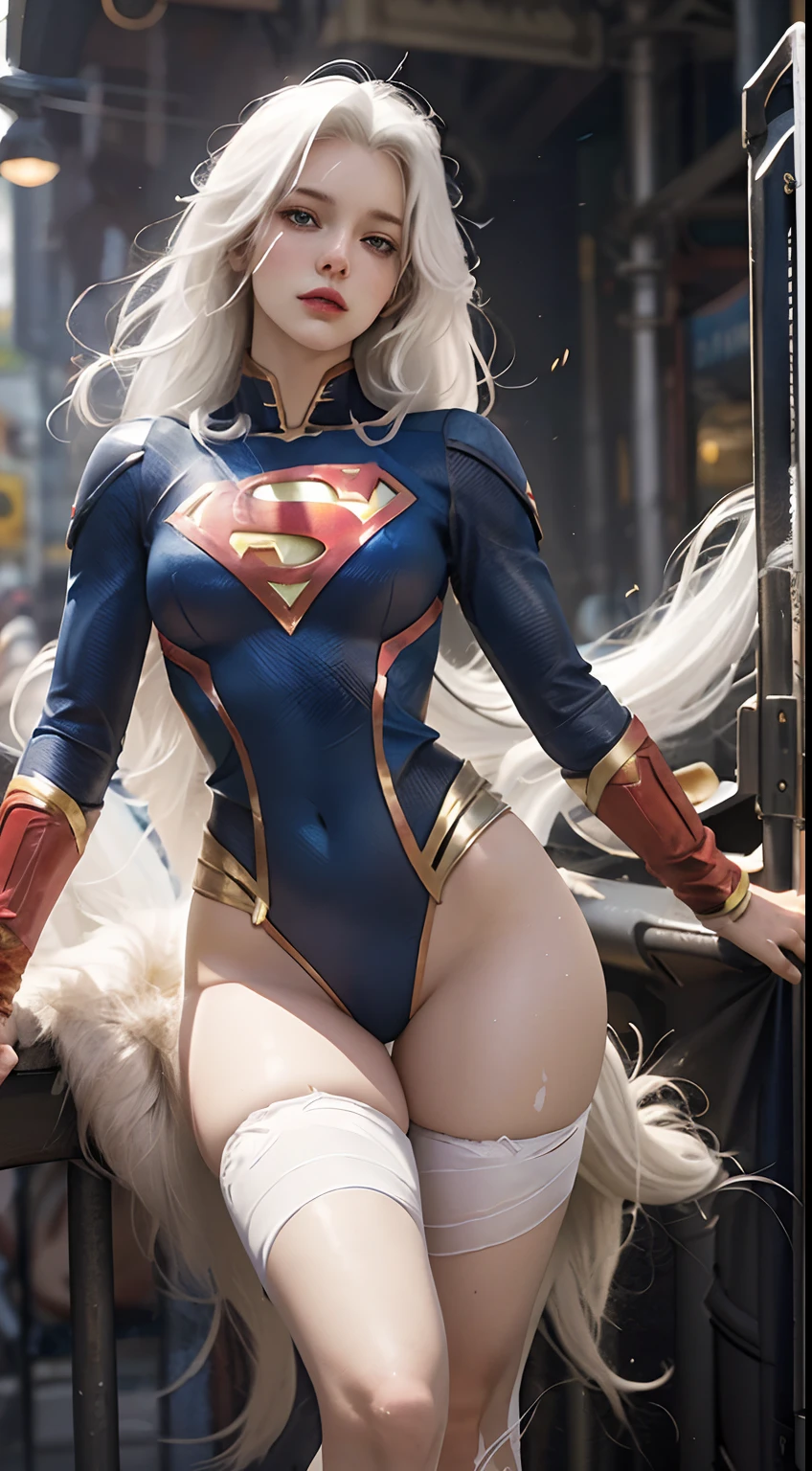 Full body portrait of a woman with white hair,Belle peinture de personnage,Guviz,Guviz-style artwork,Supergirl,Wearing a Superman uniform,Epic and beautiful character art,Stunning character art,Guvitz at the Pixiv Art Station,Bigchest,Expose breasts exposed,Bare genitalia,Camel toes,Protruding underparts,Pornographic leaks,nakeness