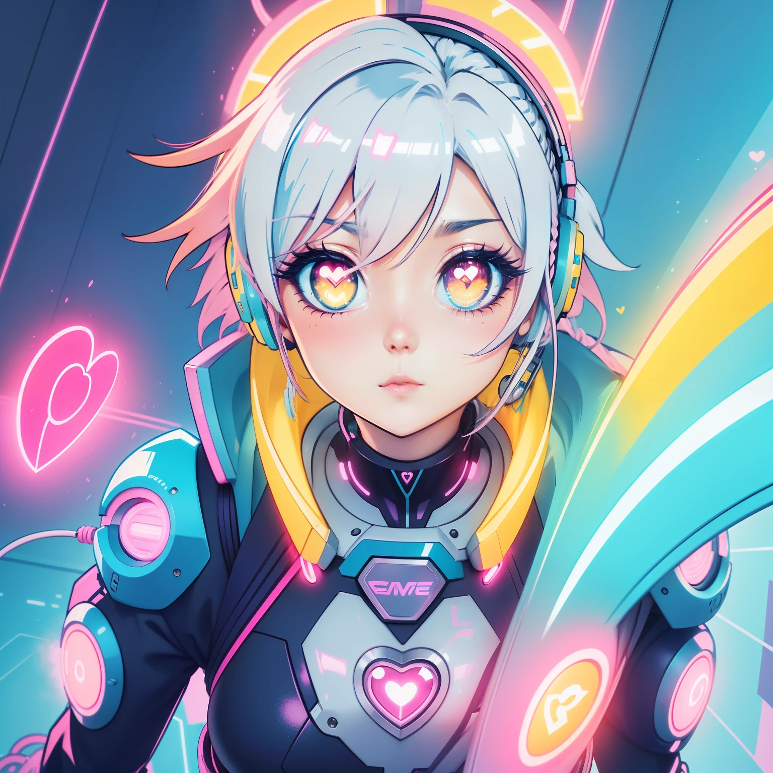 Garota anime kawai, bright eyes heart in eyes, cores amarelo, rosa e azul pastel neon, cabelo platinado curto, bolha de chiclete, Floating neon hearts, fones de ouvidos , cyberpunk cute