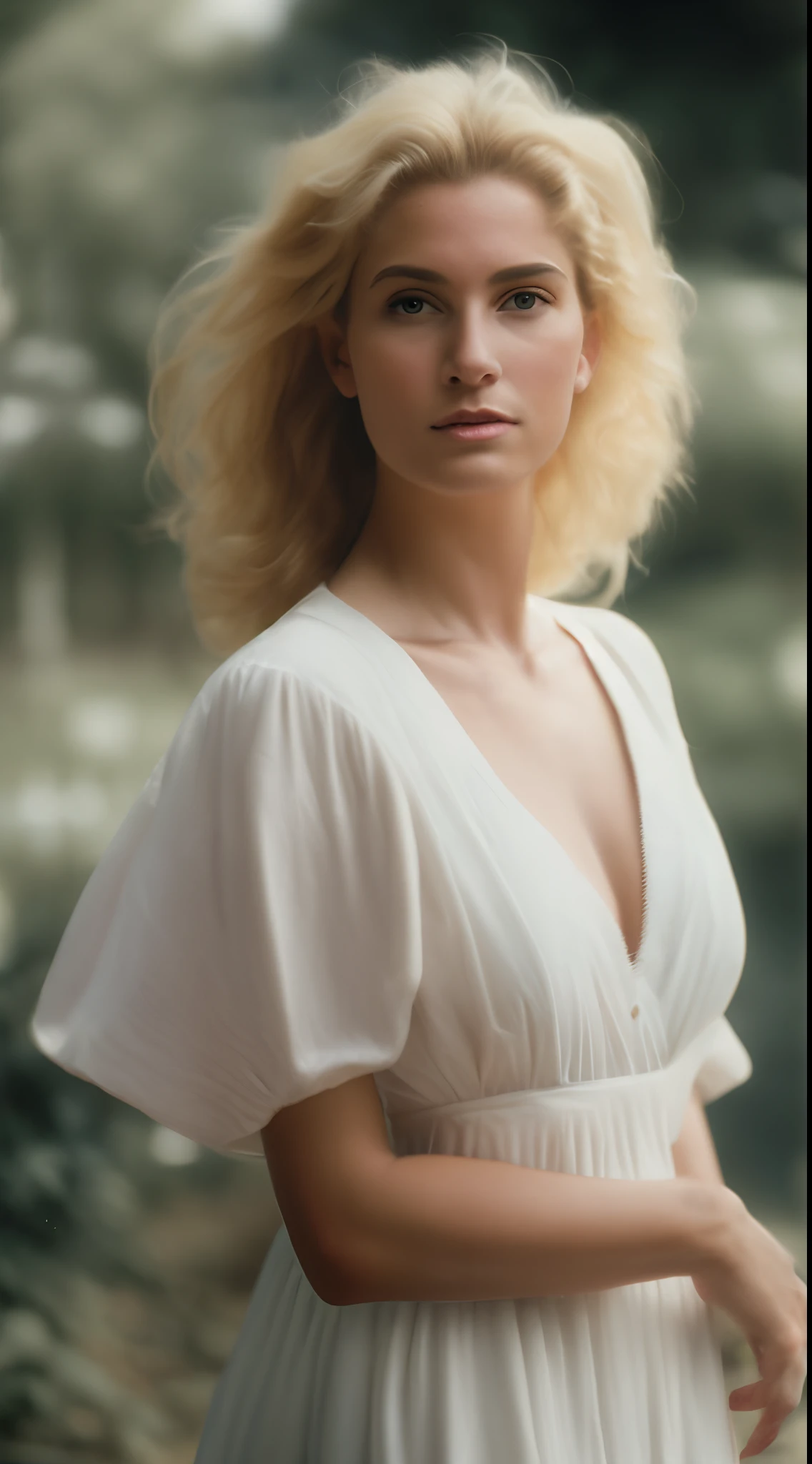 portrait of a blonde woman posing in nature. wears a modern white cotton dress with a very deep v-neckline. vintage photo like 1980s with film grain. 135 mm f/2 lens.