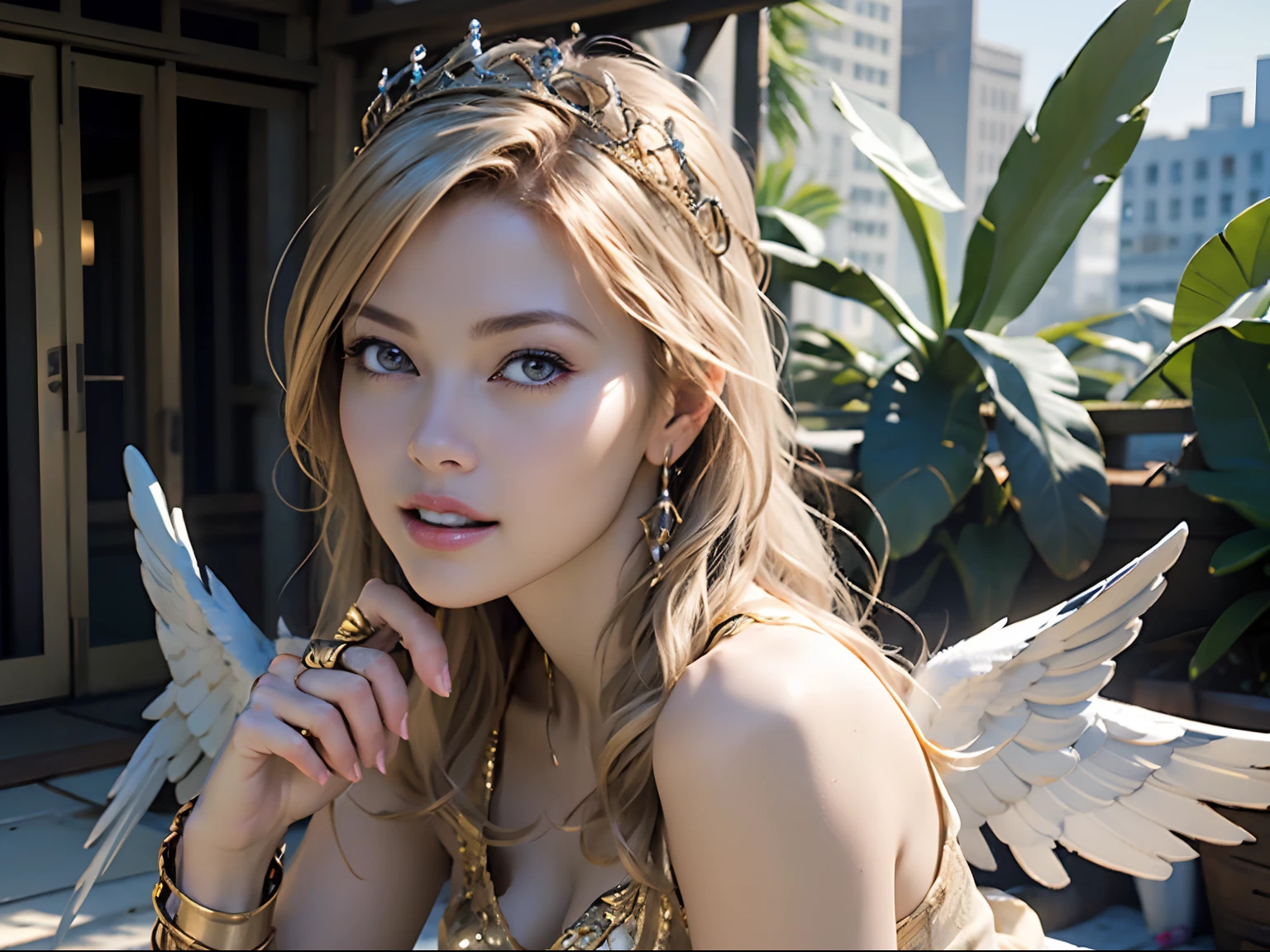 Ultra-detailed complex 3D rendering of the face, (Colossal: 8.8), (masterpiece, top quality, octane rendering, 8K), glamour shot full body image, cleavage, (highly detailed skin: 1.2), (exposure: 1.1), (blonde), (wearing a plummet tank top of gold silk: 1.5)), blonde hair, beautiful Caucasian woman with full soft breasts and white skin, one with big ass, long braided hair, big breasts, dynamic angle, mystical expression, ultra-realistic photography, (((((portrait))), bare feet, futuristic city background, facial muscles, detailed and beautiful queen tiara, in the style of Marvel Comics, clear focus, studio photography, intricate details, highly detailed, detailed yellow eyes, sharp focus, digital rendering, professional, abs, ((((sexy pose))), natural jungle, open mouth lightly, mansle, open crotch, seductive look, angel ring, detailed angel wings, angel ring, detailed mouth inside,