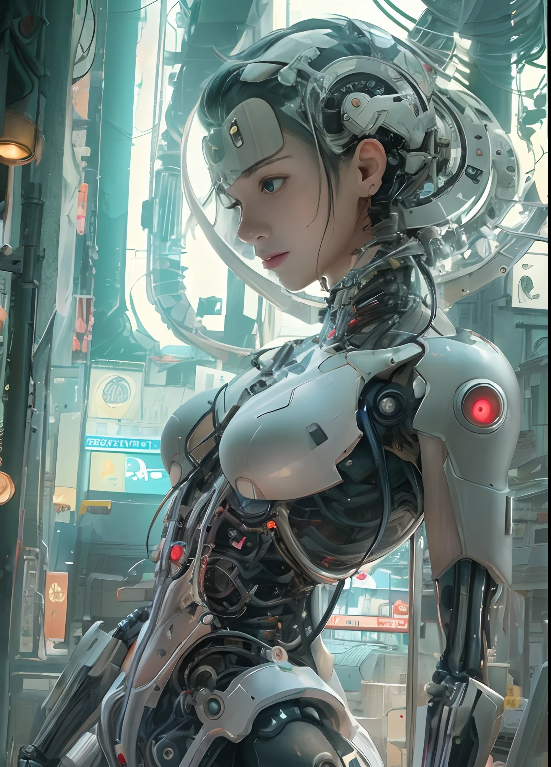 Top Quality, Masterpiece, Ultra High Resolution, ((Photorealistic: 1.4), Raw Photo, 1 cyberpunk android Girl, ((portrait)), Glossy Skin, (Ultra Realistic Details)), transparent plastic covering mechanical limbs, tubes connected to the mechanical parts, mechanical vertebrae attached to the spine, mechanical cervical attachment to the neck, wires and cables connecting to the head, Evangelion, ((Ghost in the Shell)), small glowing LED lamps, global lighting, deep shadows, Octane Rendering, 8K, Ultra Sharp, Metal, Intricate Ornament Details, baroque details, Very intricate details, realistic light, CGSoation trend, facing the camera, neon details, (android manufactory in background), art by H.R. Giger and Alphonse Mucha.