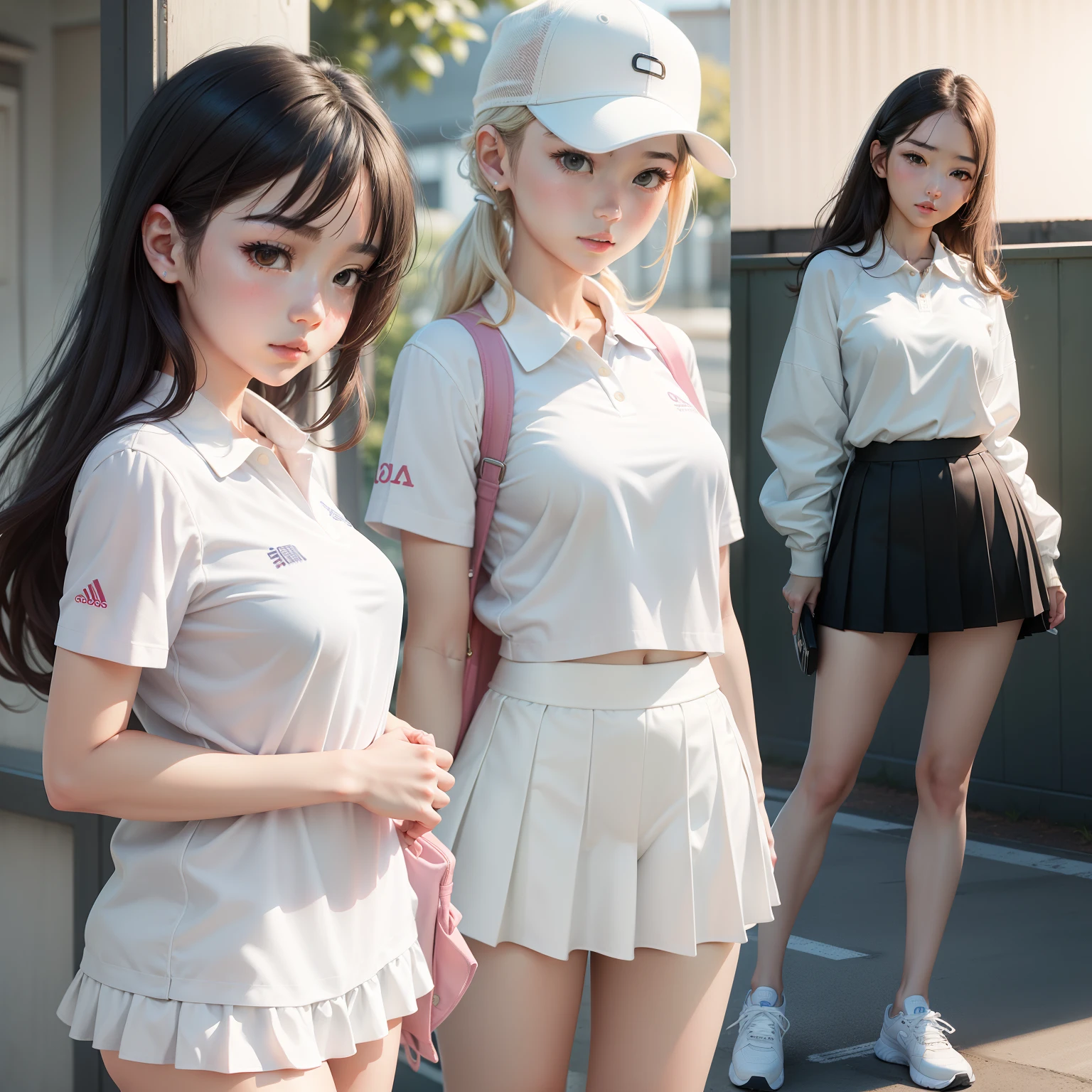 女の子1人、独奏、White polo shirt、White sneakers、Tennis Wear、White mini skirt、masterpiece、top-quality、realisitic、realistic、Skysky、tennis coat