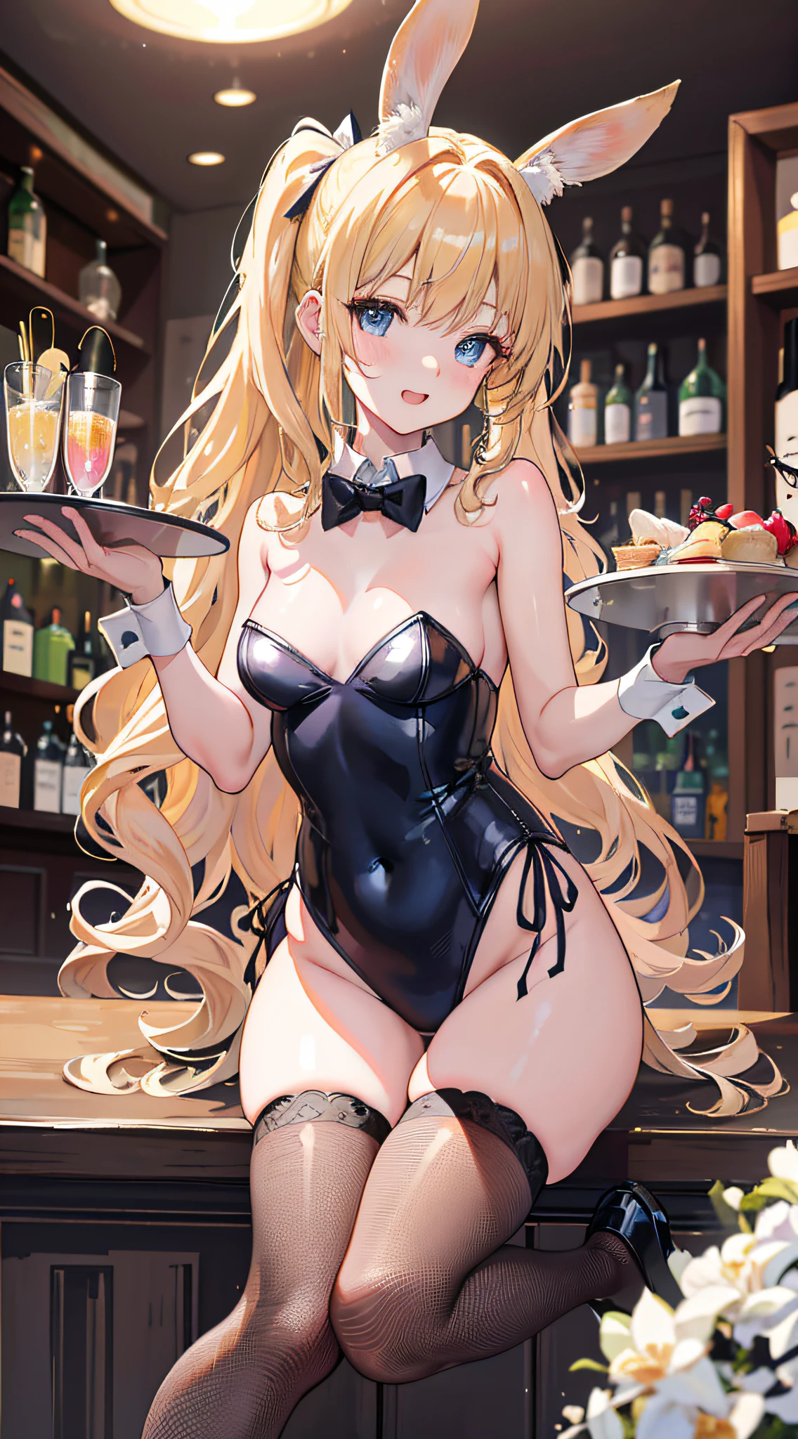 (top-quality、in 8K、32K、masterpiece、nffsw、ighly detailed、Impresionismo、Photorealsitic:1.2)、Full body, (a bar counter、shop front:1.4)、deep-shadows、detailed faces and eyes、beauitful face、blurry backround、20-year-old beauty、shinny skin, Beautiful wavy golden hair、 poneyTail、Blue eyes、beauitful face、blurry backround、Playboy Bunny Girl、High-cut leotards、a bow tie、White cuffs、Thighs wrapped in fishnet stockings、Black rabbit ears、Have a tray of liquor、crouching down、An embarrassed smile with an open mouth、Curve、Dynamic Poses、