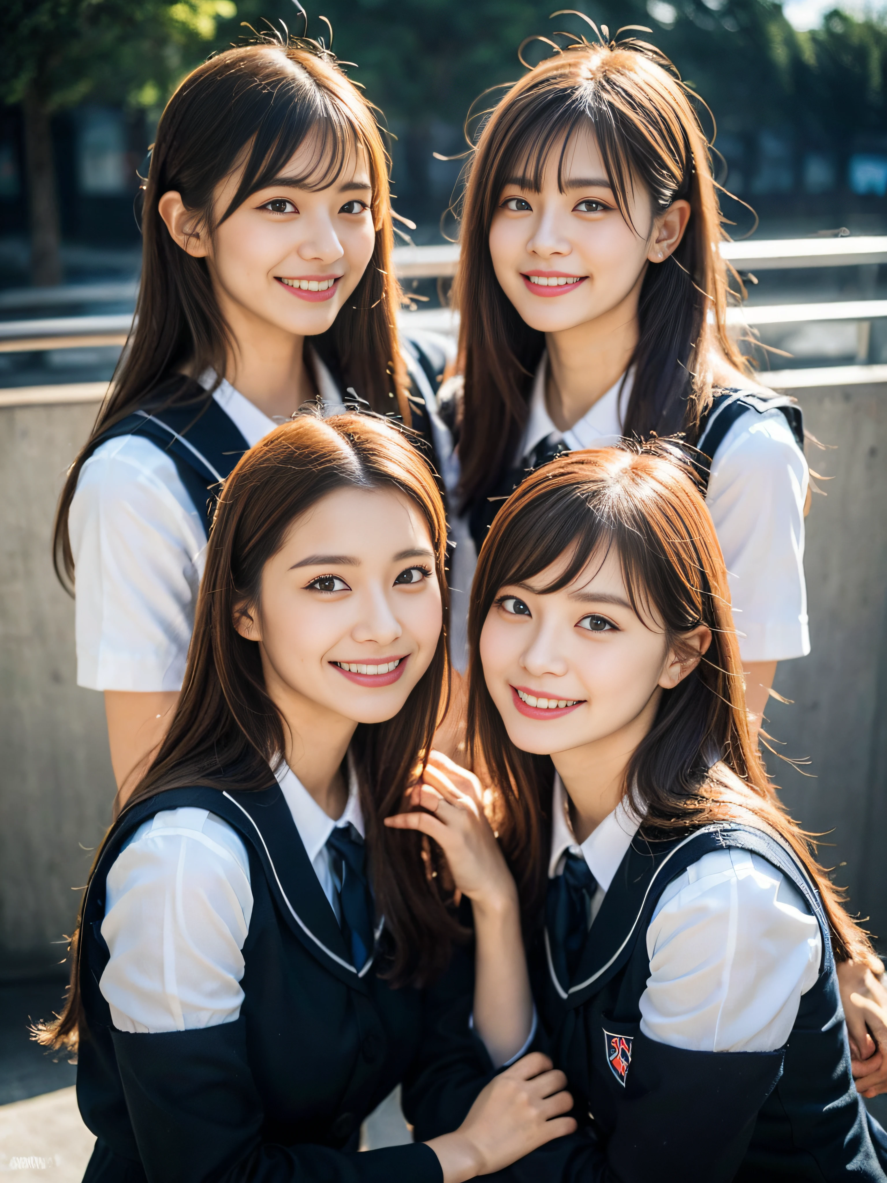 (in 8K、Raw photography、top-quality、masterpiece:1.2)、ultra-detailliert、ultra res、(realisitic、Real Photographics:1.47)、(Two women huddle together)Realistic Woman、Details that can be mistaken for humans、Very realistic、Hyperrealism j、From above、Camera from above、Camera angle from above、I'm looking at this with upward eyes、Woman holding hands、Holding hands、High-quality images taken with a camera from above、Luxury liner、Filming on board、(Very beautiful lighting)head to waist、de pele branca、Fair-skinned female proofreading、An ultra-high picture quality、Beautiful female proofreading reflecting in light、amazing detailed、Beautiful girls in very detailed、Faces with different patterns、Different face patterns、Each hairstyle has its own characteristics、Farbe々Hairstyle、Farbe々Hair color shining with clean light、I enjoy fishing on a boat、Brown hair shining in the light、One has a ponytail、、Modern cute high school girl、very detailed faces very detailed eyes、Very realistic skin、 extremely detailed fingers, highly detailed nose, highly detail mouth, perfect anatomia, Highly detailed sailor suit、、The details of their hair and uniforms shine through、Show your teeth、Realistic body, de pele branca, glistning skin, Slim body, Long straight hair, (Blunt bangs:1.2), , nixeu and sakimichan, TWICE, Seifuku, sakimichan, JK Uniform, wearing japanese school uniform, promo still, Larisa Manobal, Japan school uniform, japanese girl school uniform, alena aenami and lilia alvarado