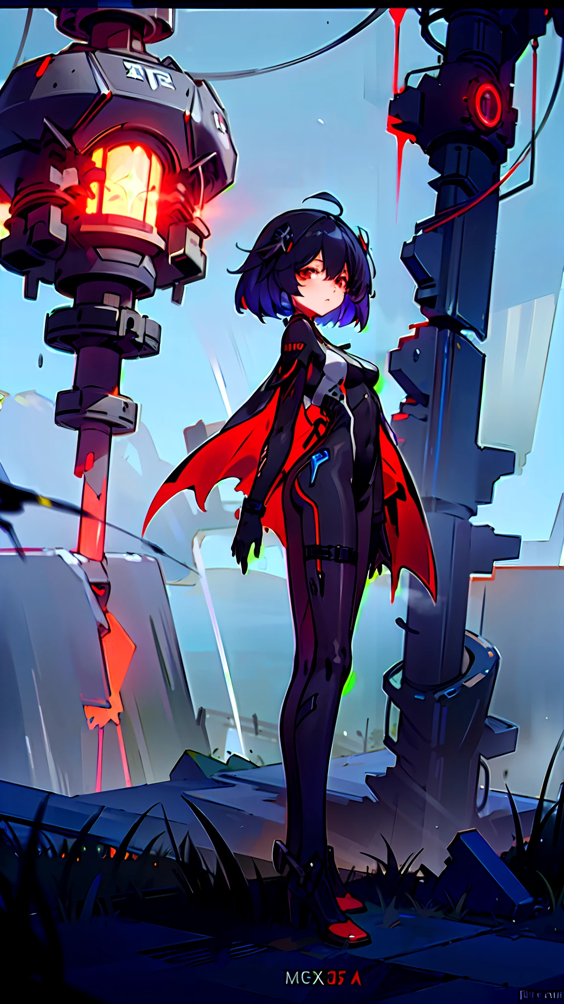 Anime girl in red cape standing in front of a huge clock, From Arknights, trending on artstation pixiv, Badass anime 8 K, style of anime4 K, Anime art wallpaper 8 K, Guweiz on ArtStation Pixiv, 8K high quality detailed art, Anime art wallpaper 4 K, Anime art wallpaper 4k，Chiaroscuro, Ray tracing, Cinematic lighting, Cowboy shot, 8K, Yes, Super detail, ccurate, Best quality, Award-Awarded, Award-Awarded, A high resolution, Masterpiece, High details，Guweiz on ArtStation Pixiv, trending on artstation pixiv, detailed digital concept art, by Yang J, 2. 5 D CGI anime fantasy artwork，hyper HD，8K ，Realistic skin texture，in snow，Clear，tmasterpiece， best qualtiy， 8K， digitial painting， 1girll， 独奏， standing on your feet， hair adornments， Red eyes， ， blood stain， mechanicalparts， electrical wires， electric cables， Failure effect， terroral， sci-fy， A futuristic， background inside dark， neonlight， cyber punk perssonage， hyper realisitc， eerie， unnerving， spine-chilling， terroral， onesie，Red eyes，Venom possession，Blackened，long black gloves，Jumpsuits，Skinny one-piece latex clothing，Highlight her gorgeous figure,Wrap the whole body，symbiote，（（Raised sexy）），onesie，Red eyes，Venom possession，Blackened，long black gloves，Jumpsuits，Black latex clothing，Blood-red eyes，Best quality, high resolution, Ultra-detailed, Vivid texture, Mask, Skinny one-piece latex clothing, bangs,Purple hair，Wear socks，Tears，anklet，washes，Blackened，Wrapped in black slime,A sad expression,Say goodbye to the gaze，Red coat