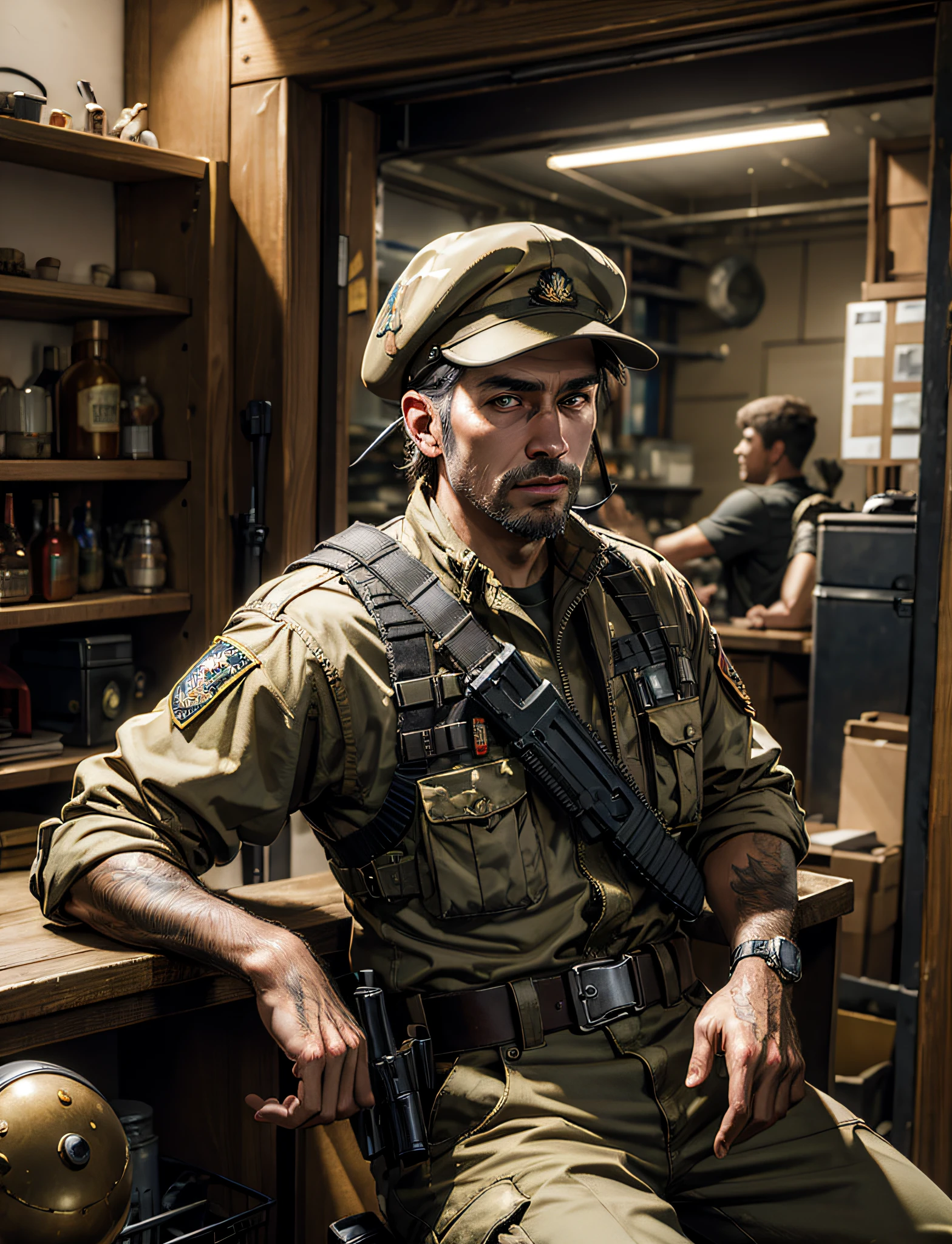 ((masterpiece)), ((best quality)), (ultra-detailed), ((extremely detailed)), 4K, (8K), best quality, (beautiful), extremely detailed game CG, guy, face guard, assault rifle, battlefield